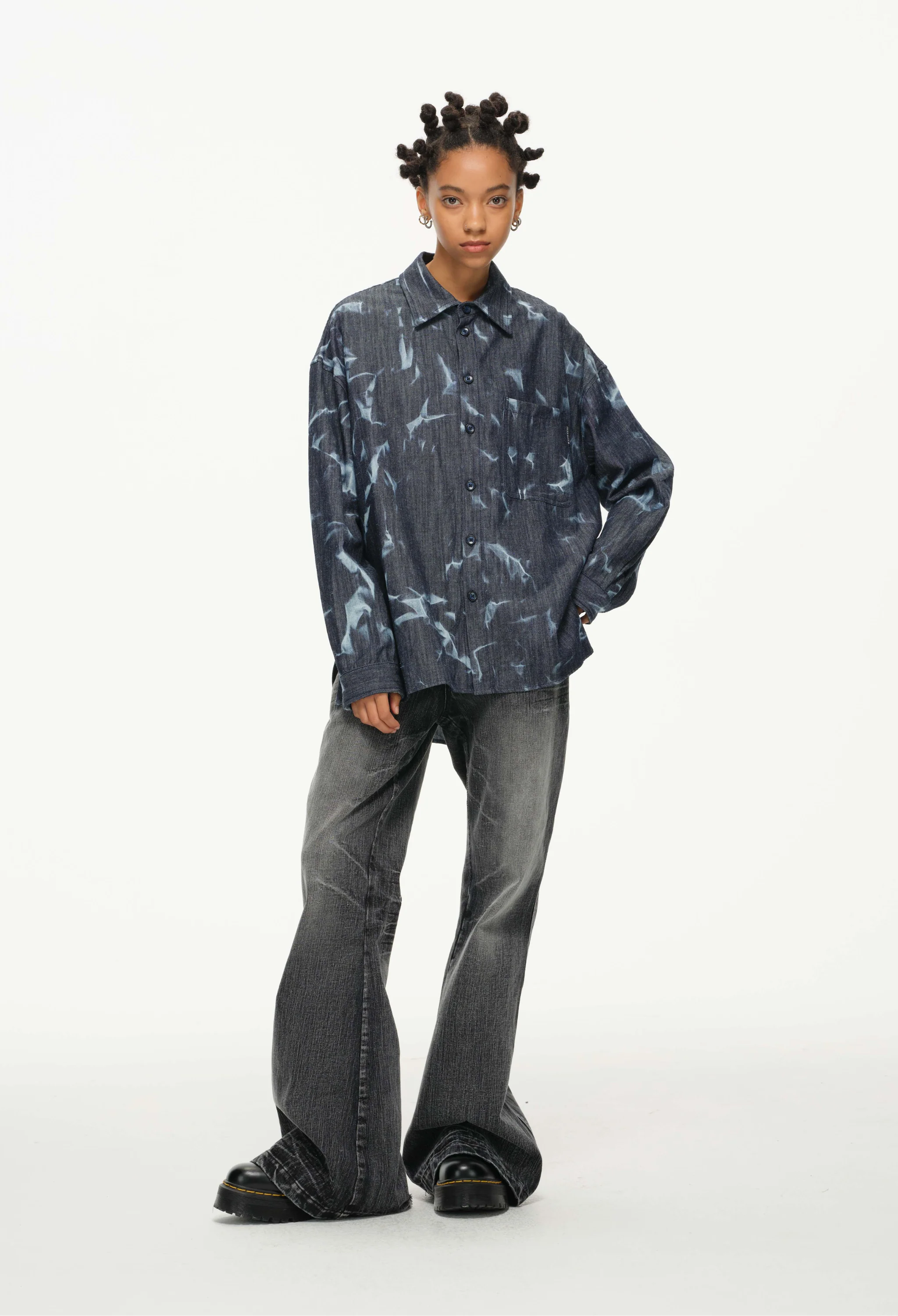 Abstract Indigo Button-Up Shirt – Washed Blue Pattern - Image 13