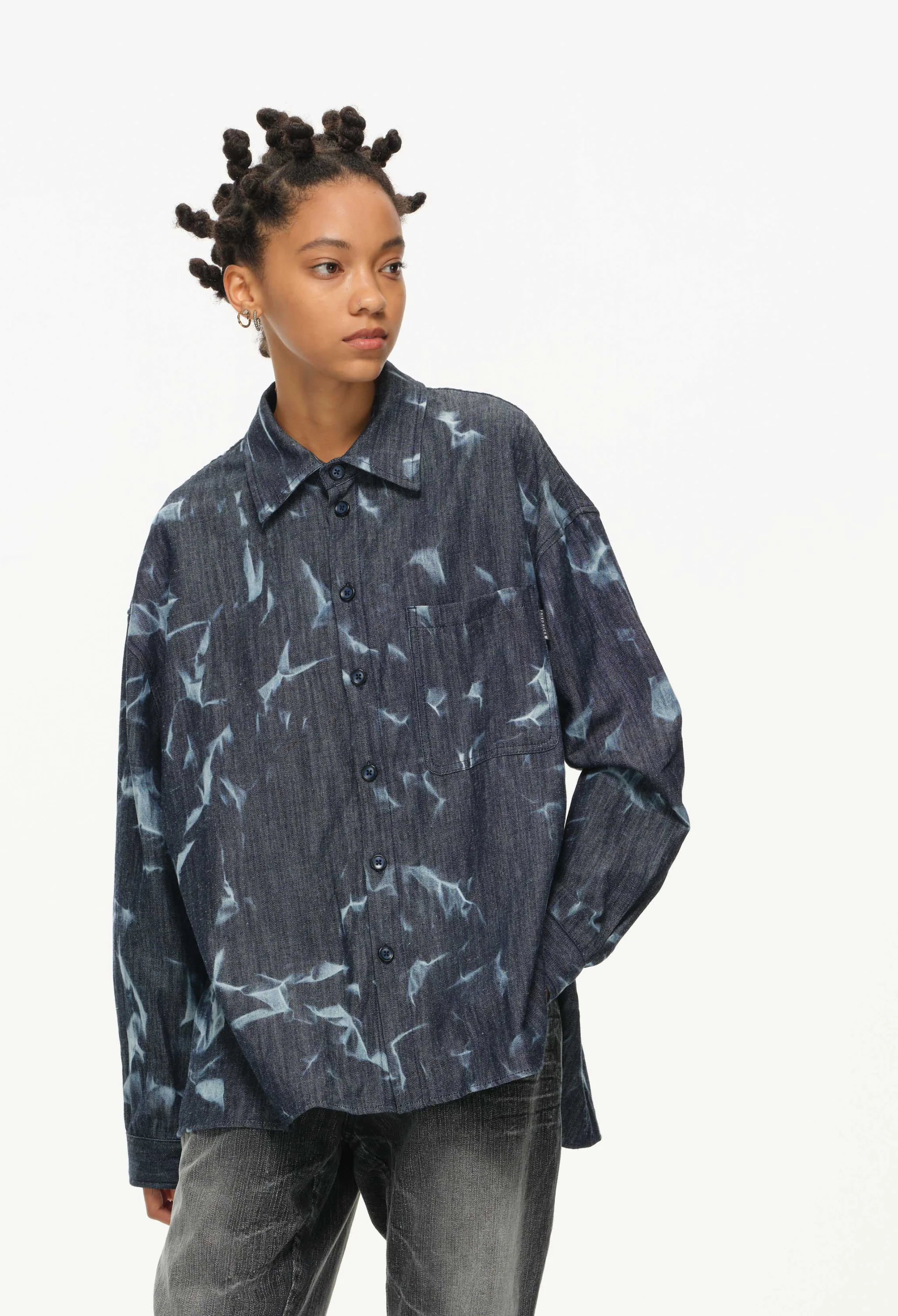 Abstract Indigo Button-Up Shirt – Washed Blue Pattern - Image 14