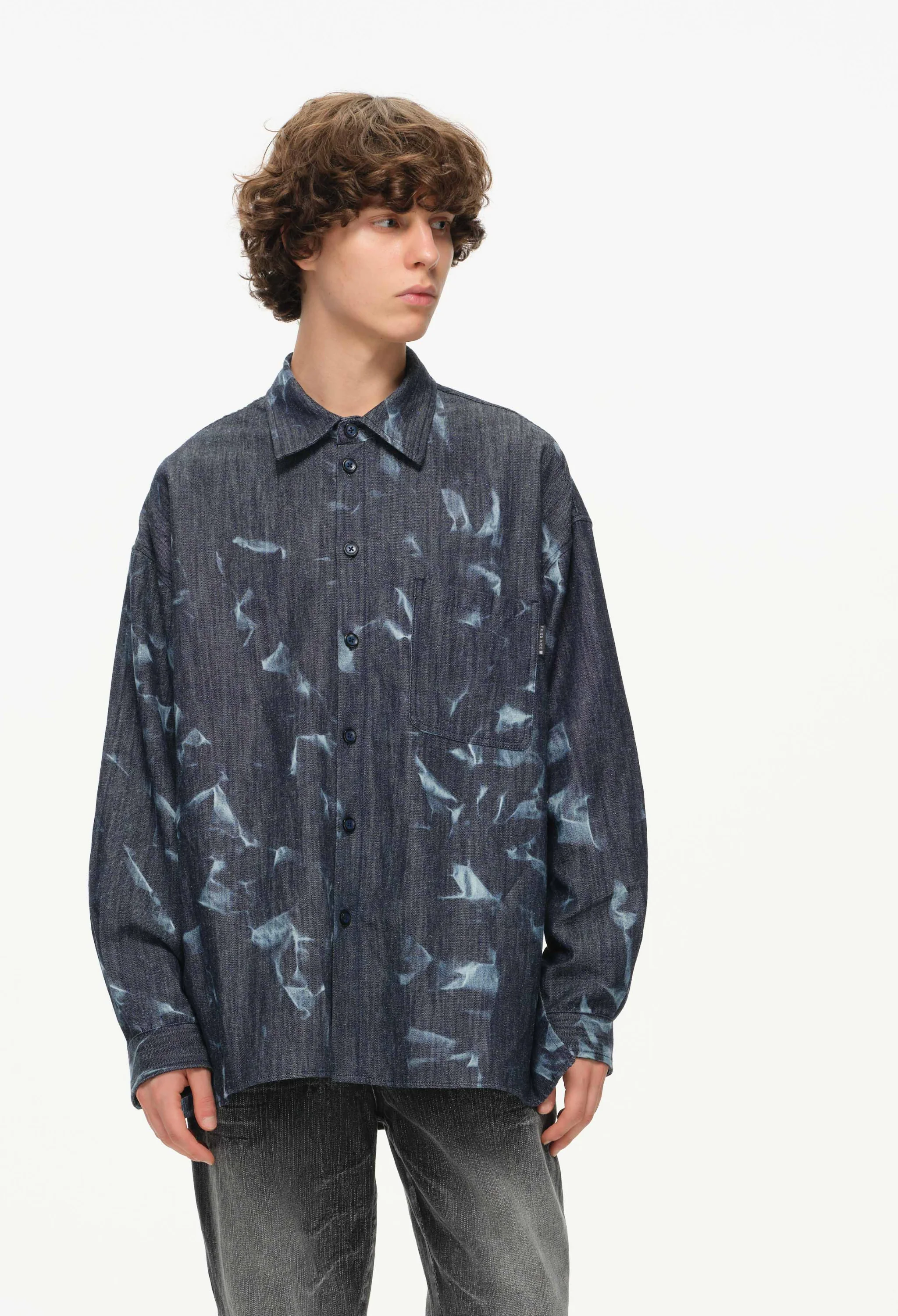 Abstract Indigo Button-Up Shirt – Washed Blue Pattern - Image 15