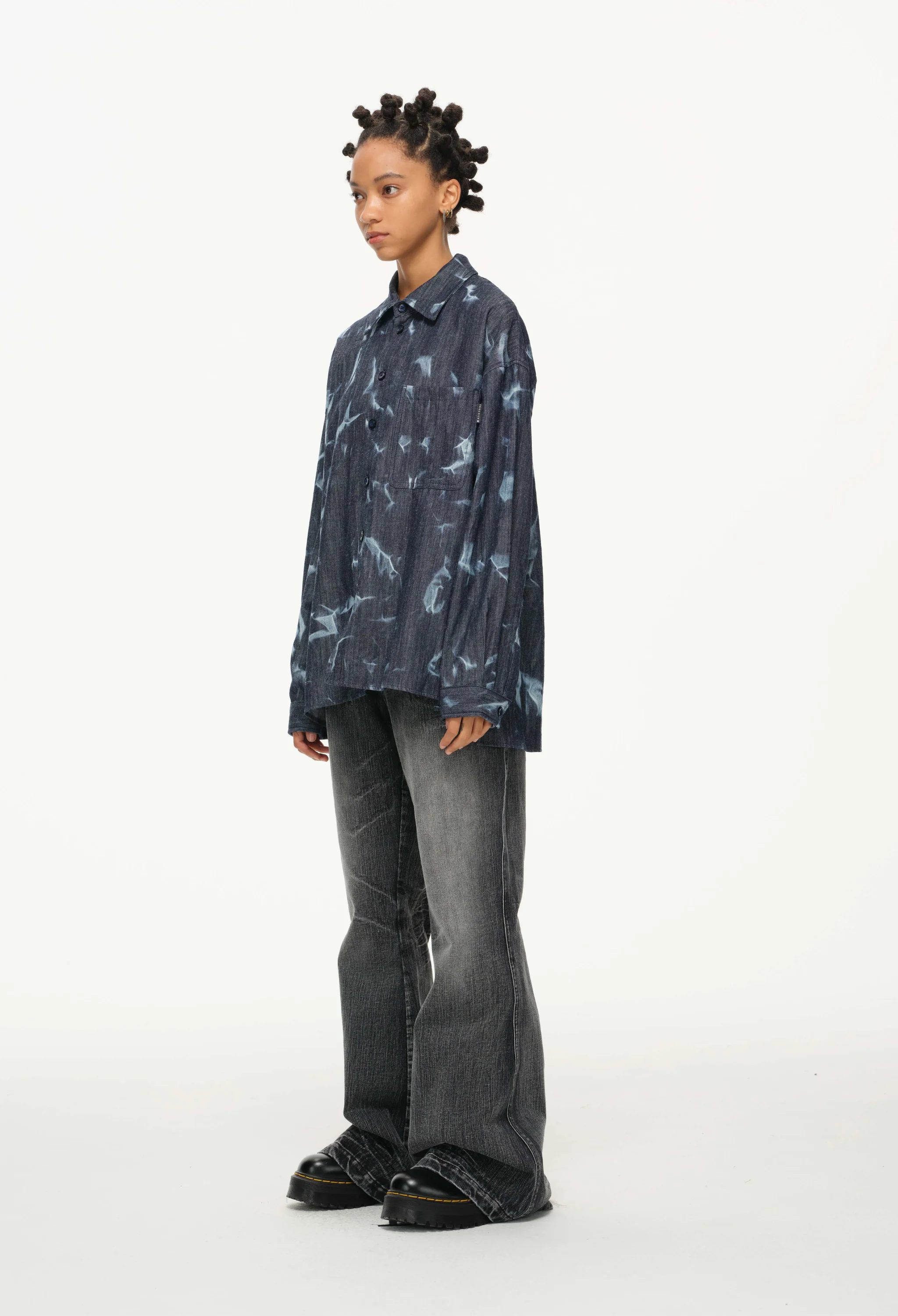 Abstract Indigo Button-Up Shirt – Washed Blue Pattern - Image 6