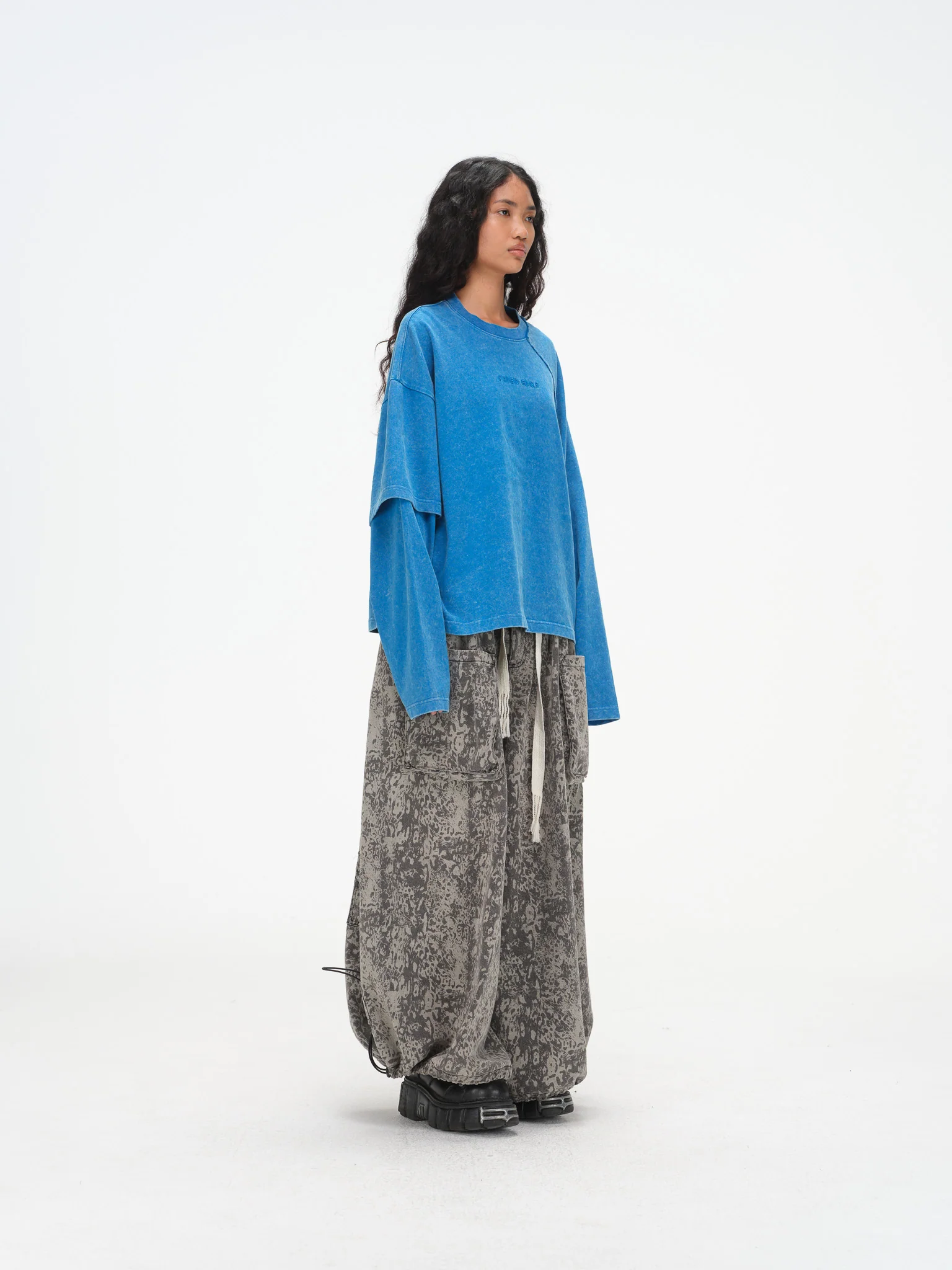 Asymmetric Sleeve Crewneck- Washed Blue - Image 10