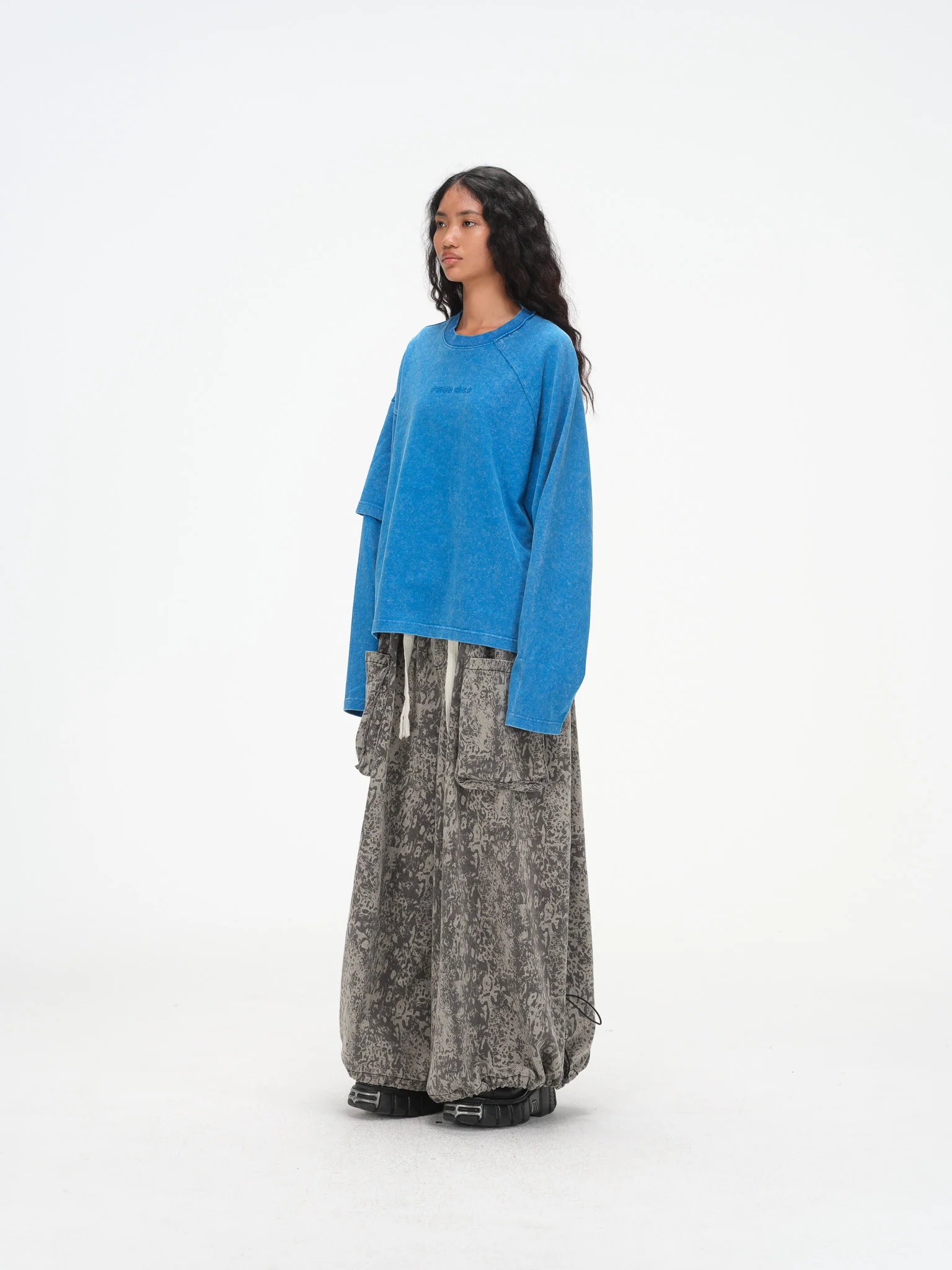 Asymmetric Sleeve Crewneck- Washed Blue - Image 11
