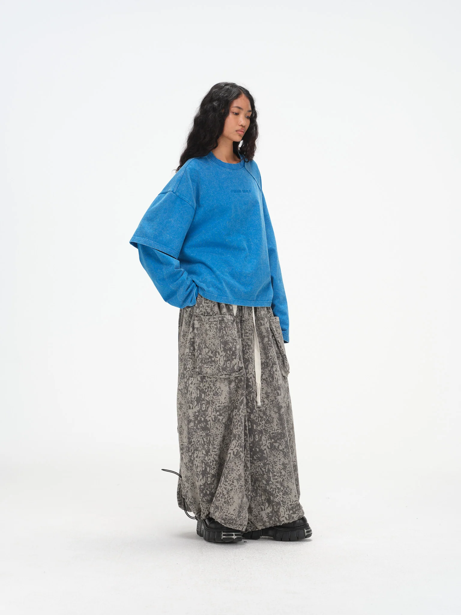 Asymmetric Sleeve Crewneck- Washed Blue - Image 12