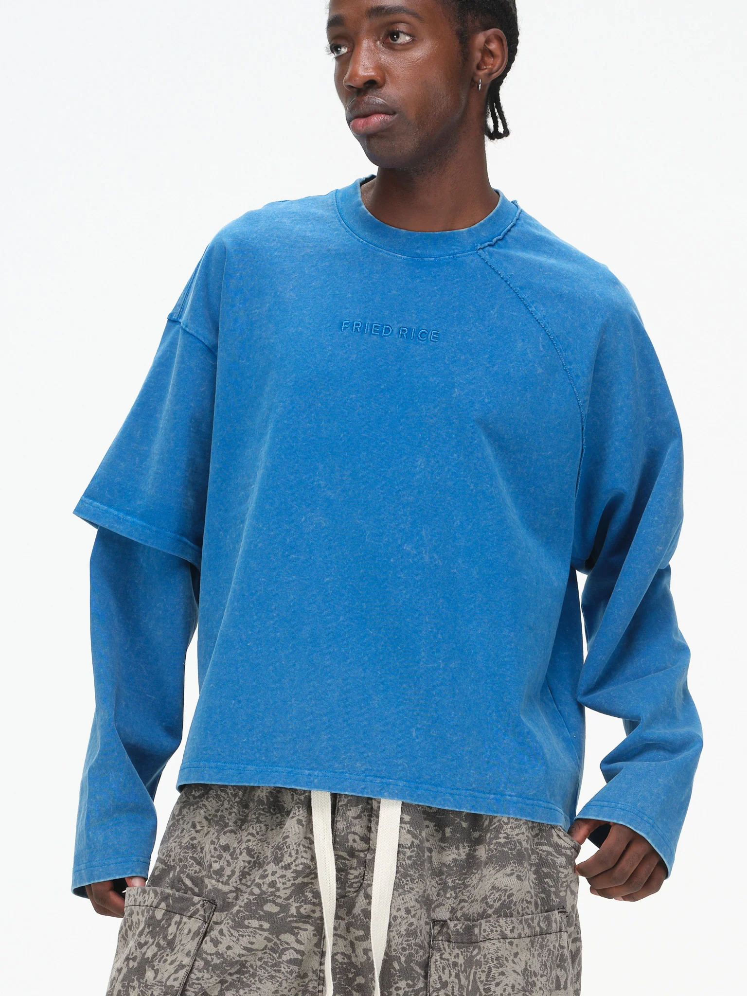 Asymmetric Sleeve Crewneck- Washed Blue - Image 3