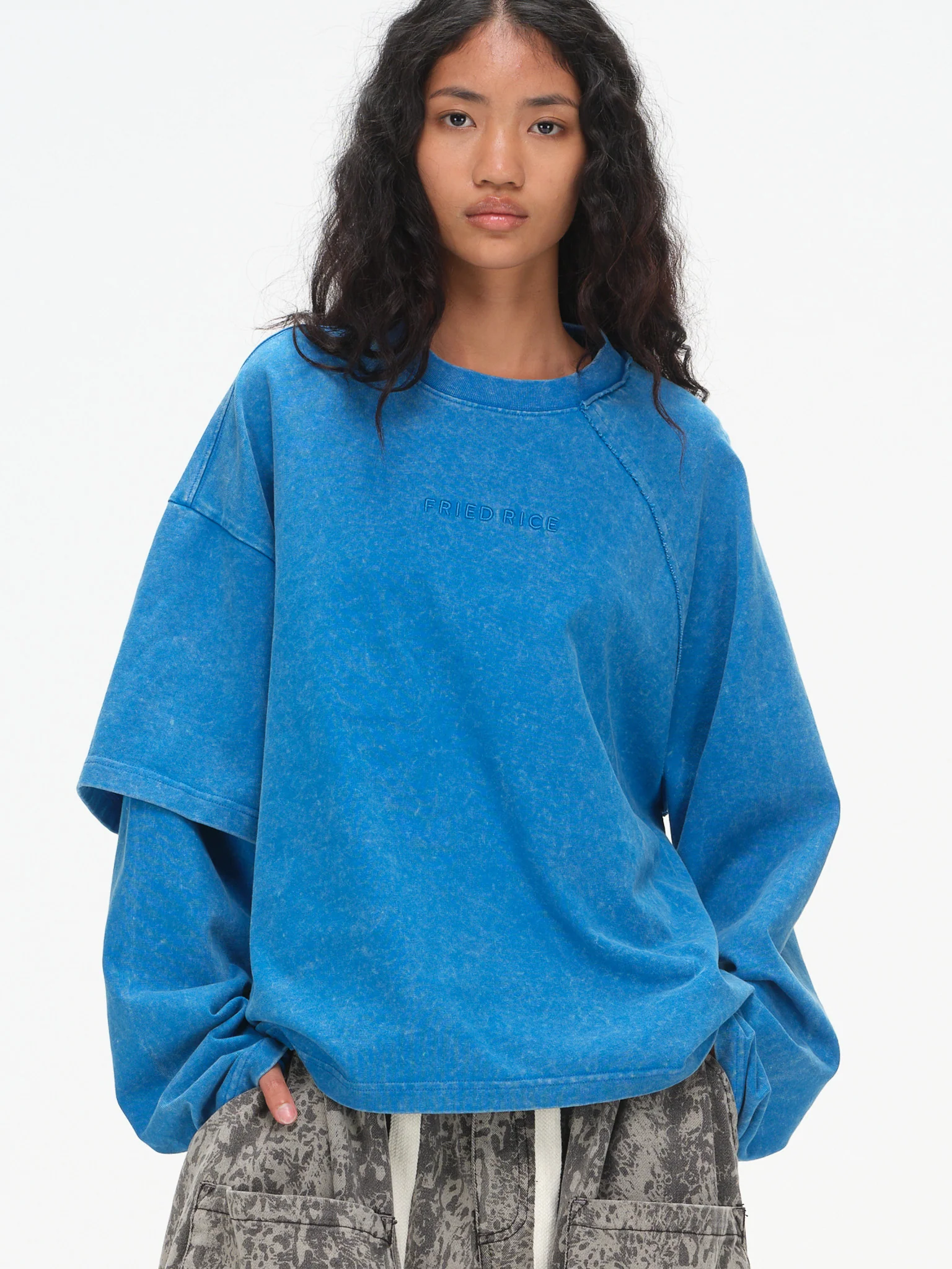 Asymmetric Sleeve Crewneck- Washed Blue - Image 4