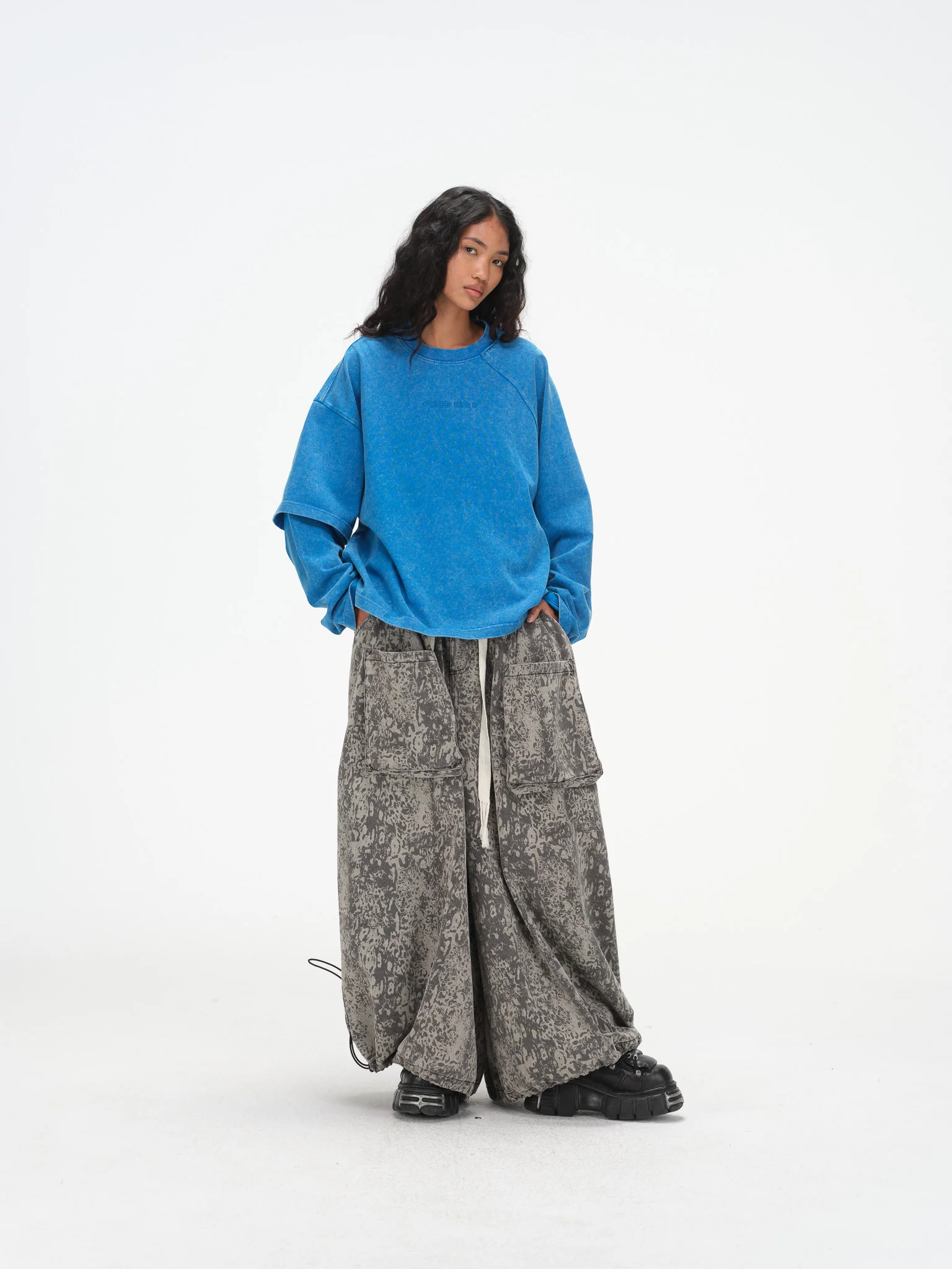 Asymmetric Sleeve Crewneck- Washed Blue - Image 8