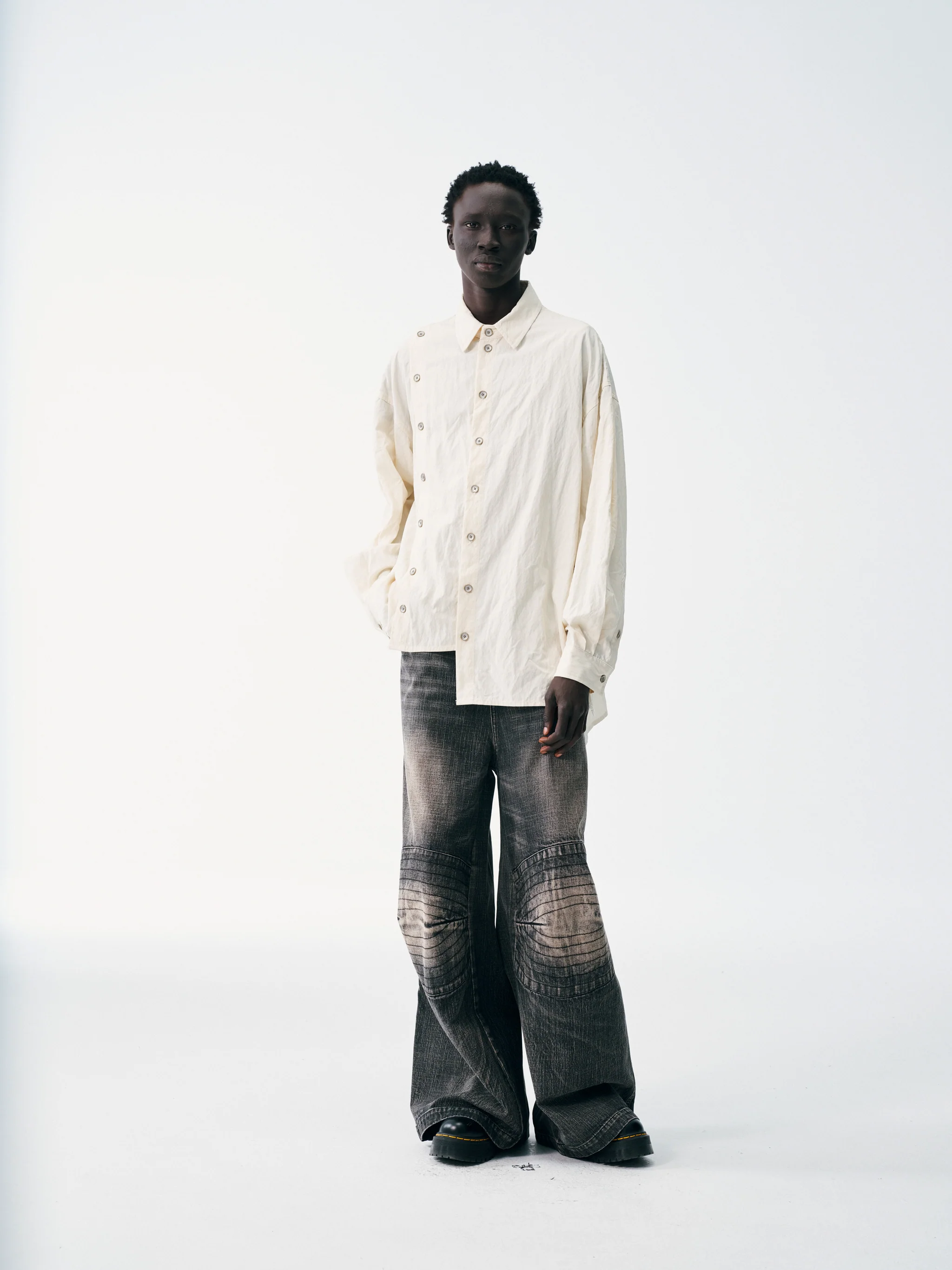 Asymmetrical Split Button Up - Creme - Image 3