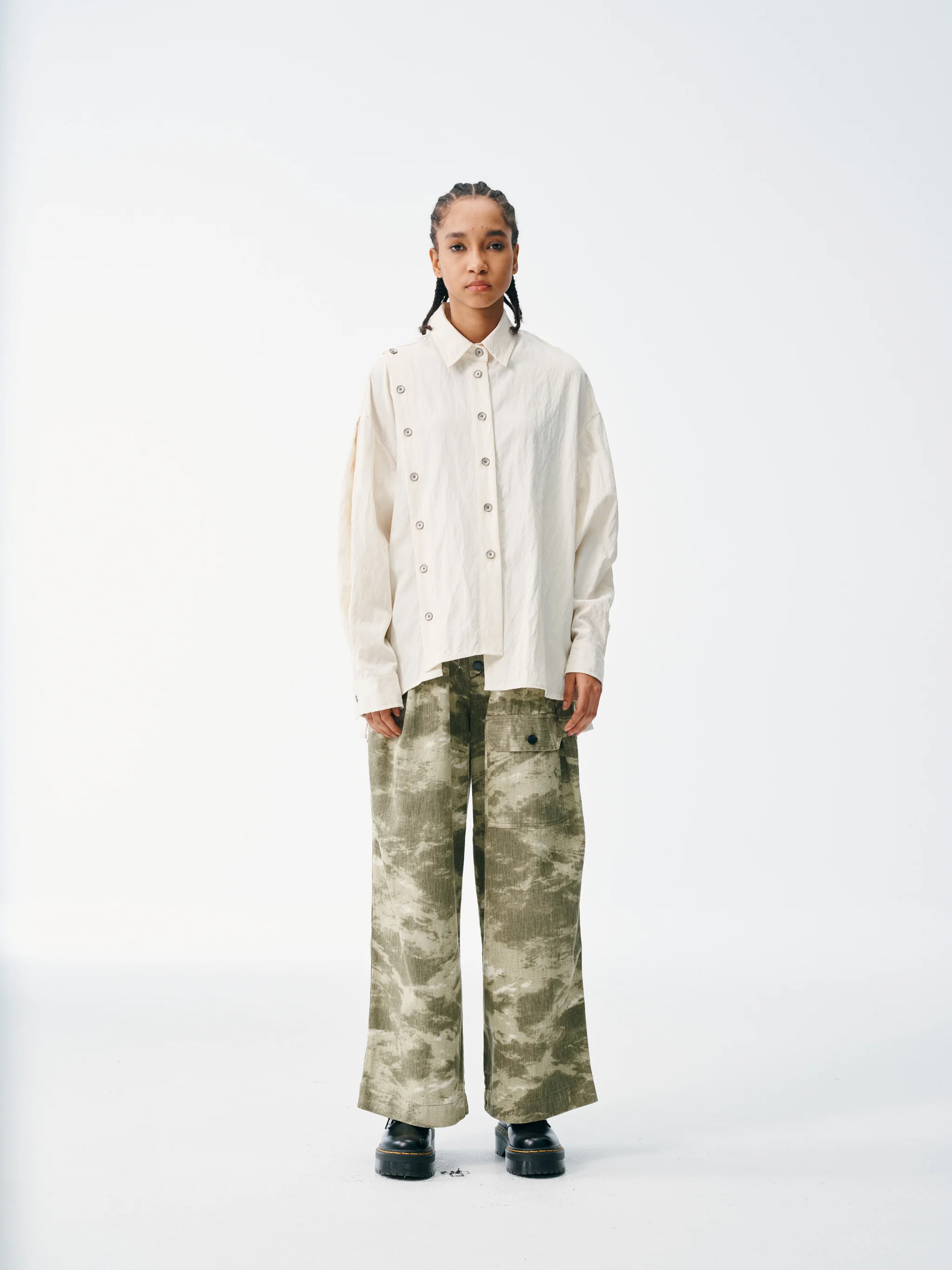 Asymmetrical Split Button Up - Creme - Image 4