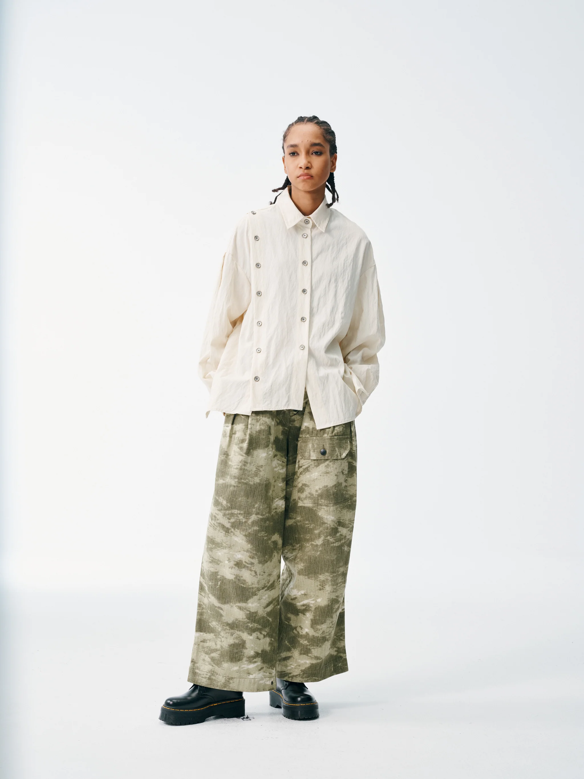 Asymmetrical Split Button Up - Creme - Image 6