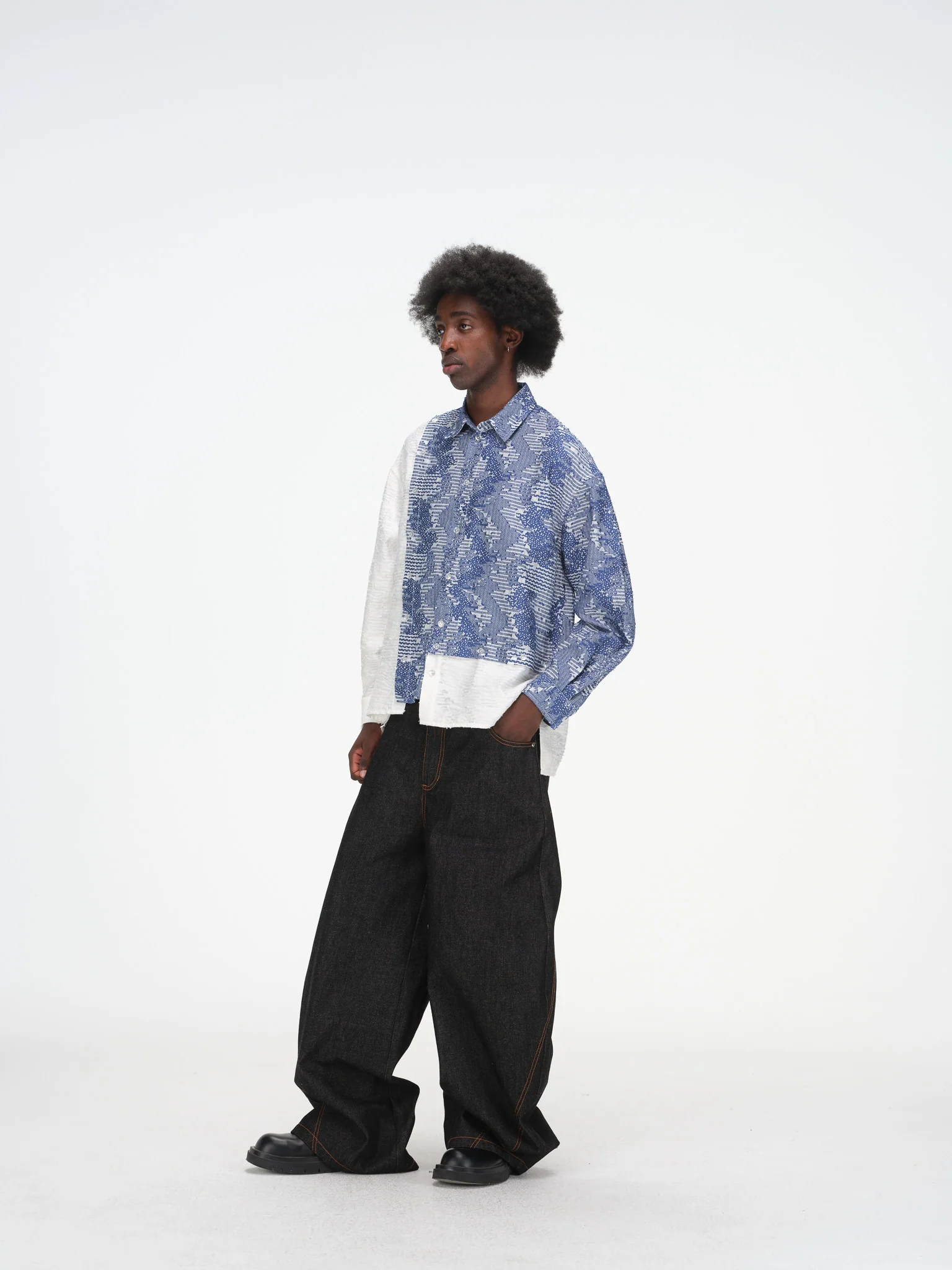 Asymmetrical Split Button Up - Indigo Jacquard/Ivory - Image 10