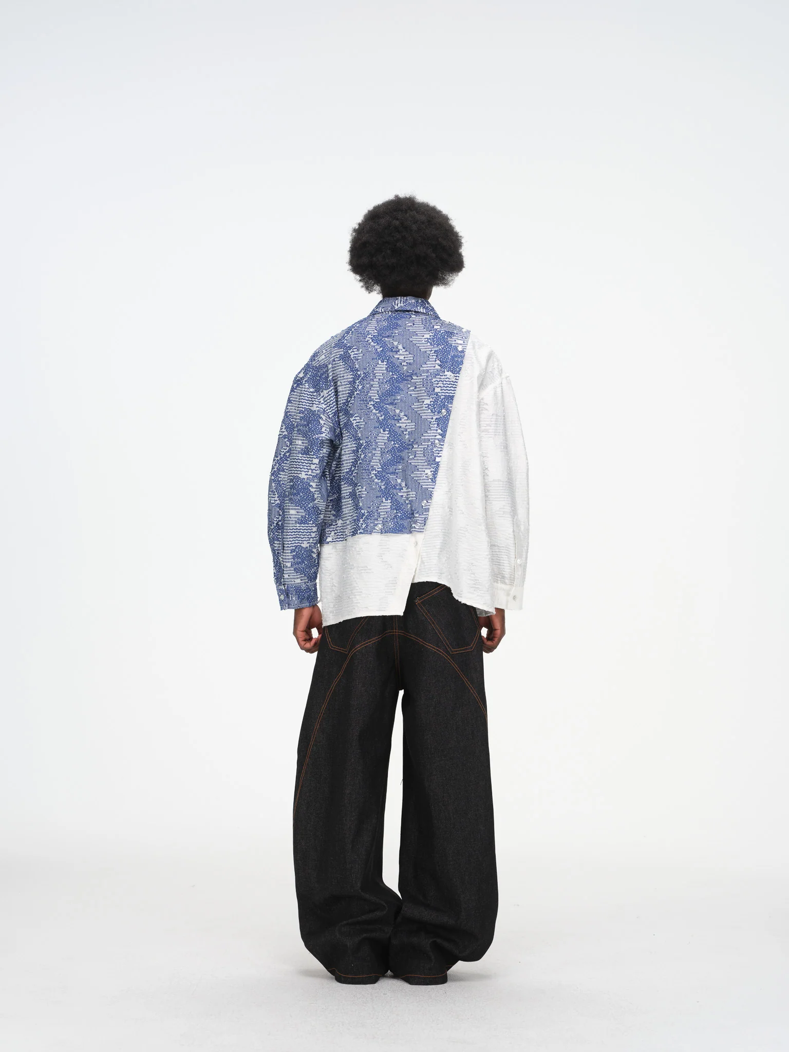 Asymmetrical Split Button Up - Indigo Jacquard/Ivory - Image 11