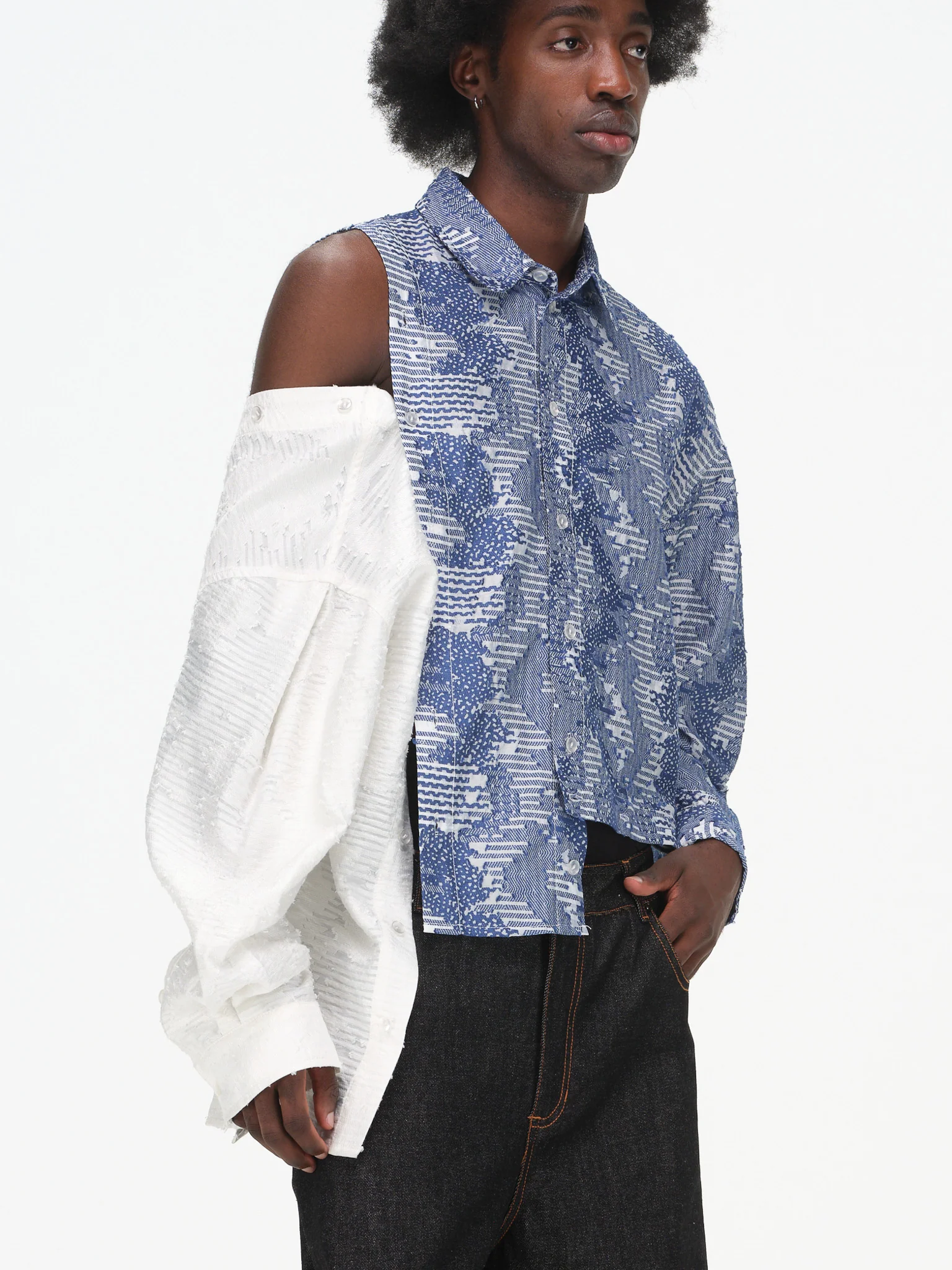 Asymmetrical Split Button Up - Indigo Jacquard/Ivory - Image 12