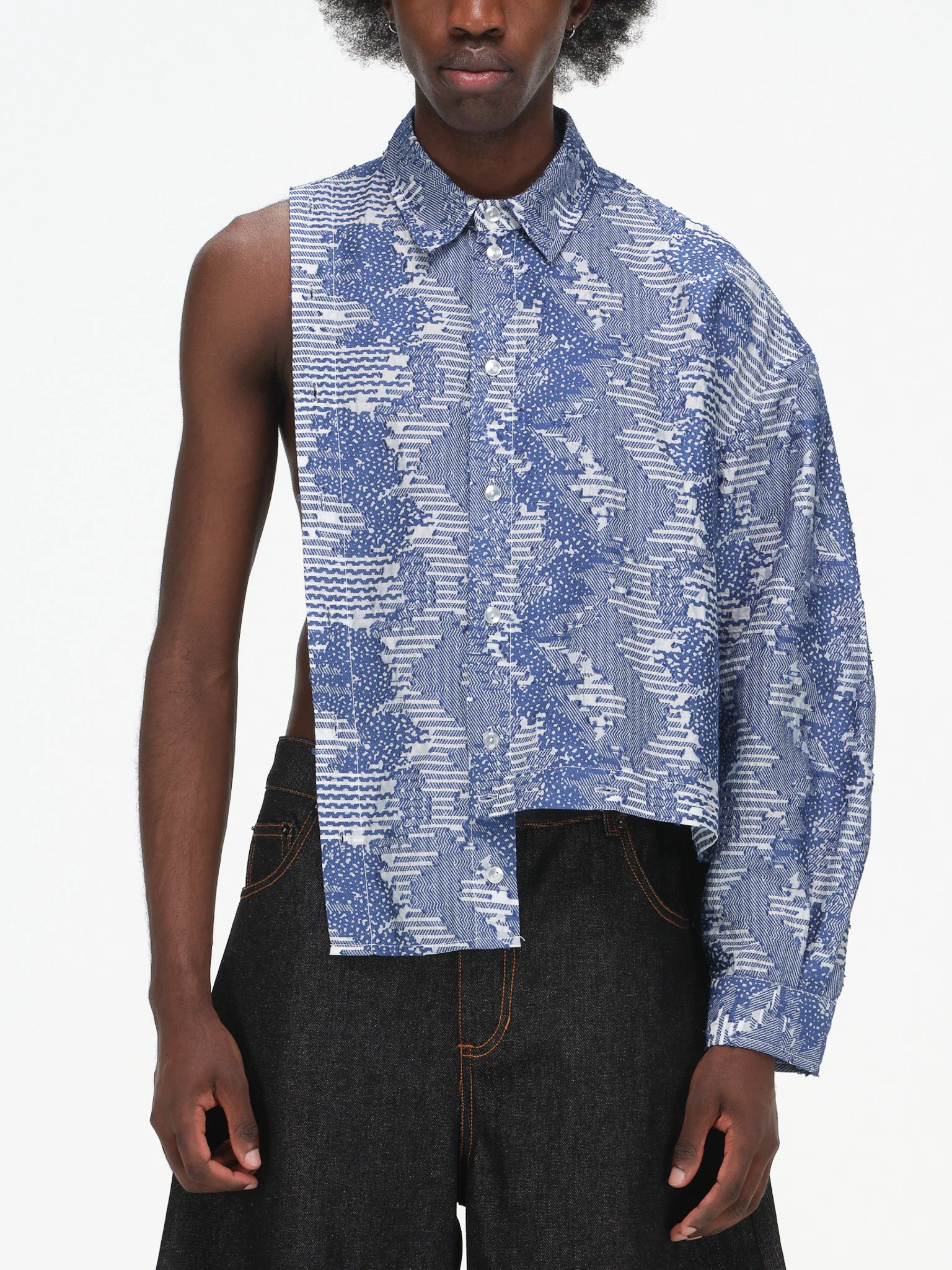 Asymmetrical Split Button Up - Indigo Jacquard/Ivory - Image 13