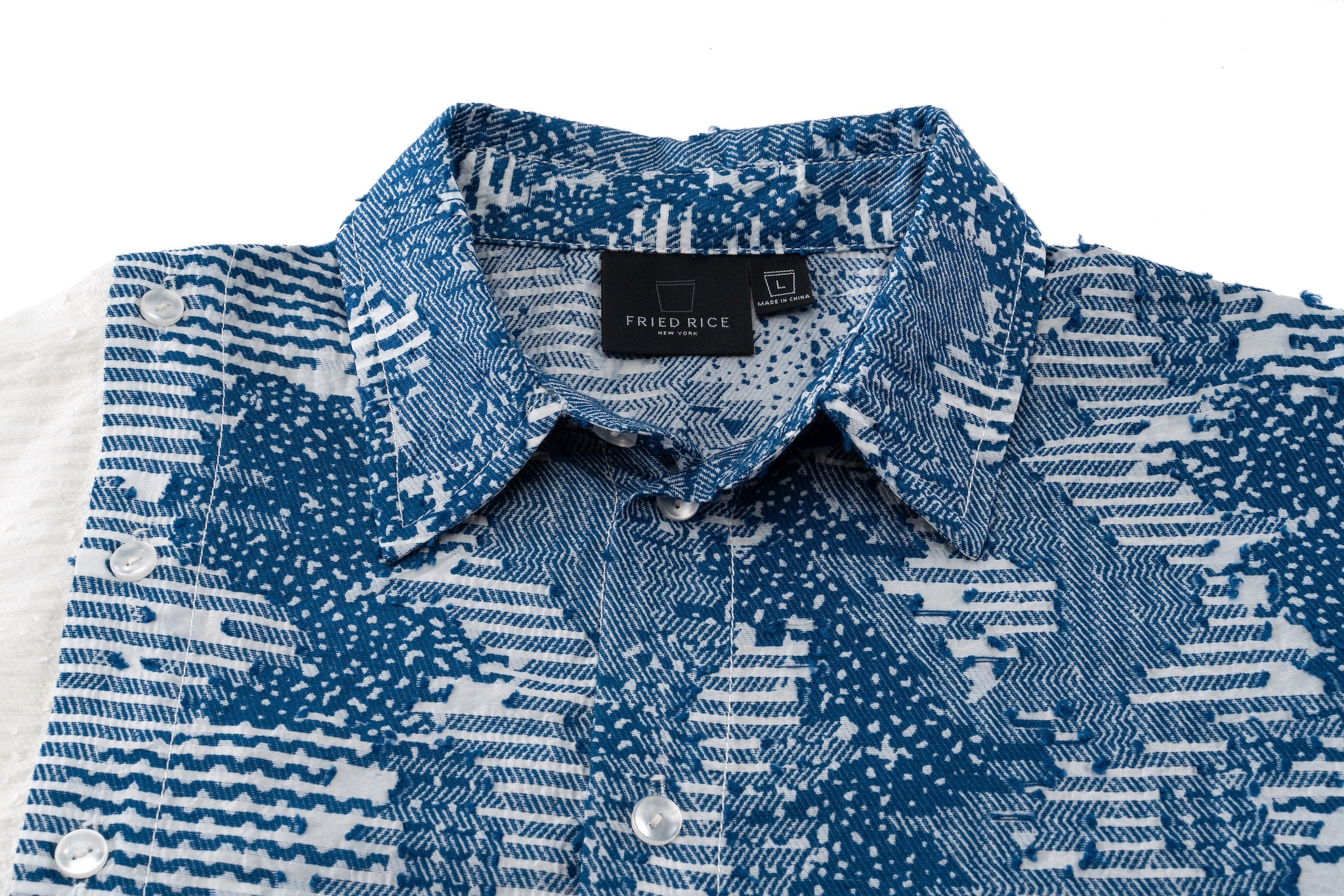 Asymmetrical Split Button Up - Indigo Jacquard/Ivory - Image 14