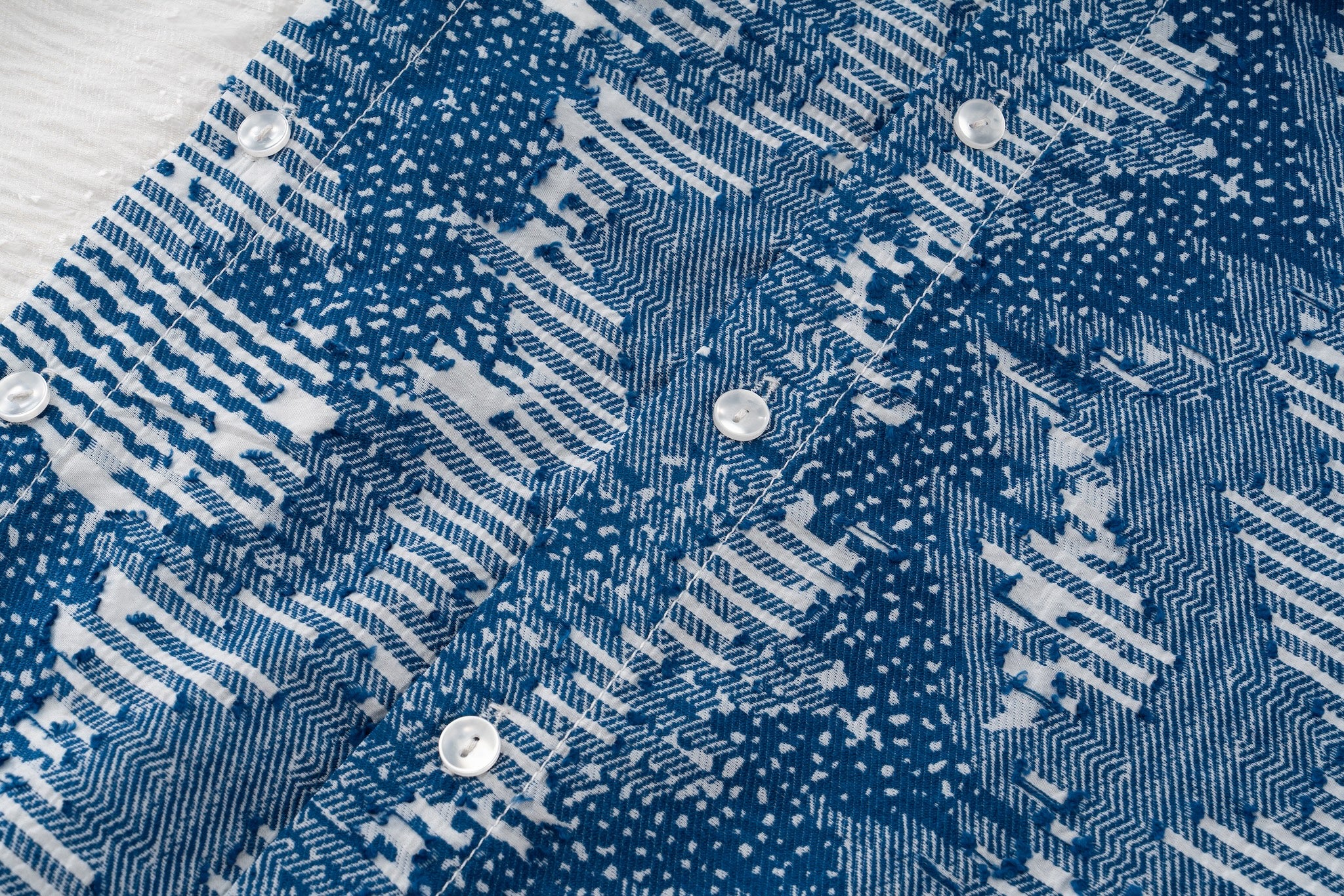 Asymmetrical Split Button Up - Indigo Jacquard/Ivory - Image 15