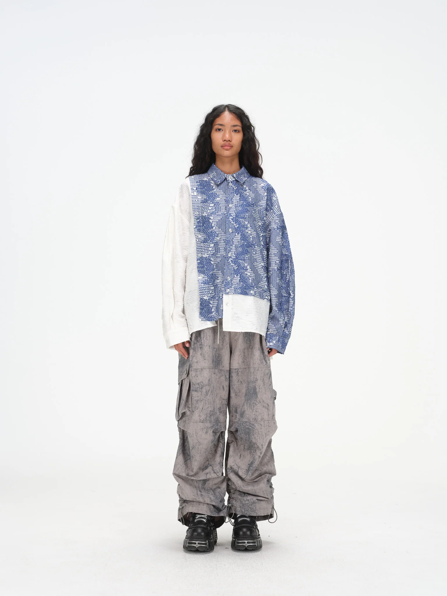 Asymmetrical Split Button Up - Indigo Jacquard/Ivory - Image 3