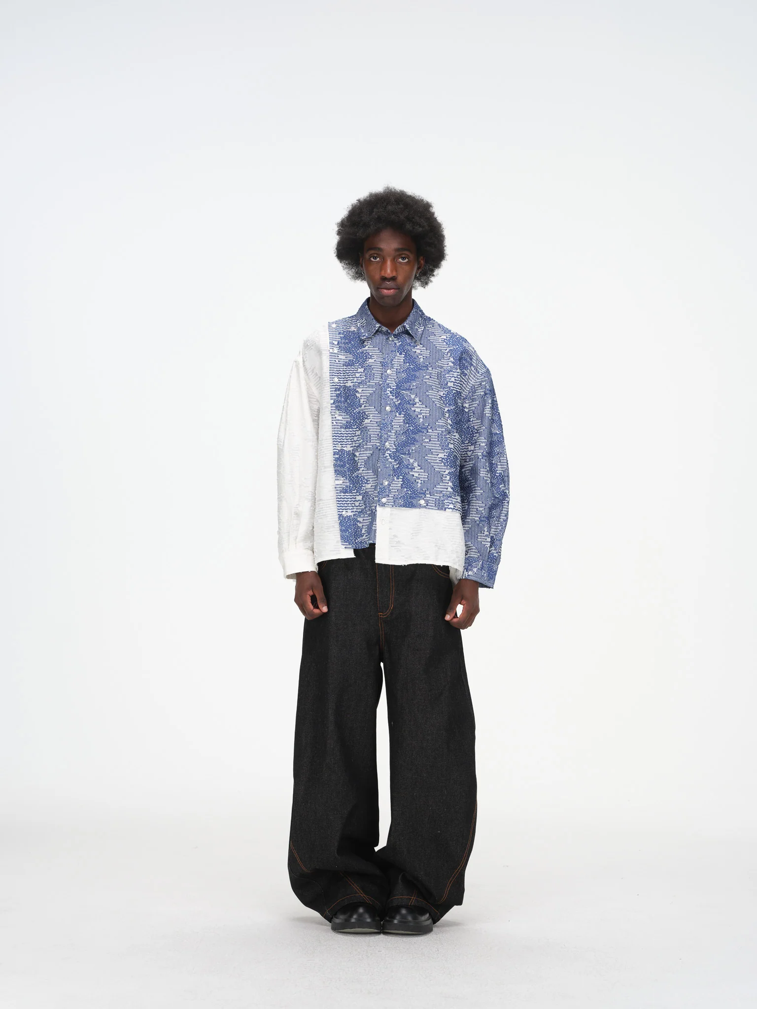 Asymmetrical Split Button Up - Indigo Jacquard/Ivory - Image 4