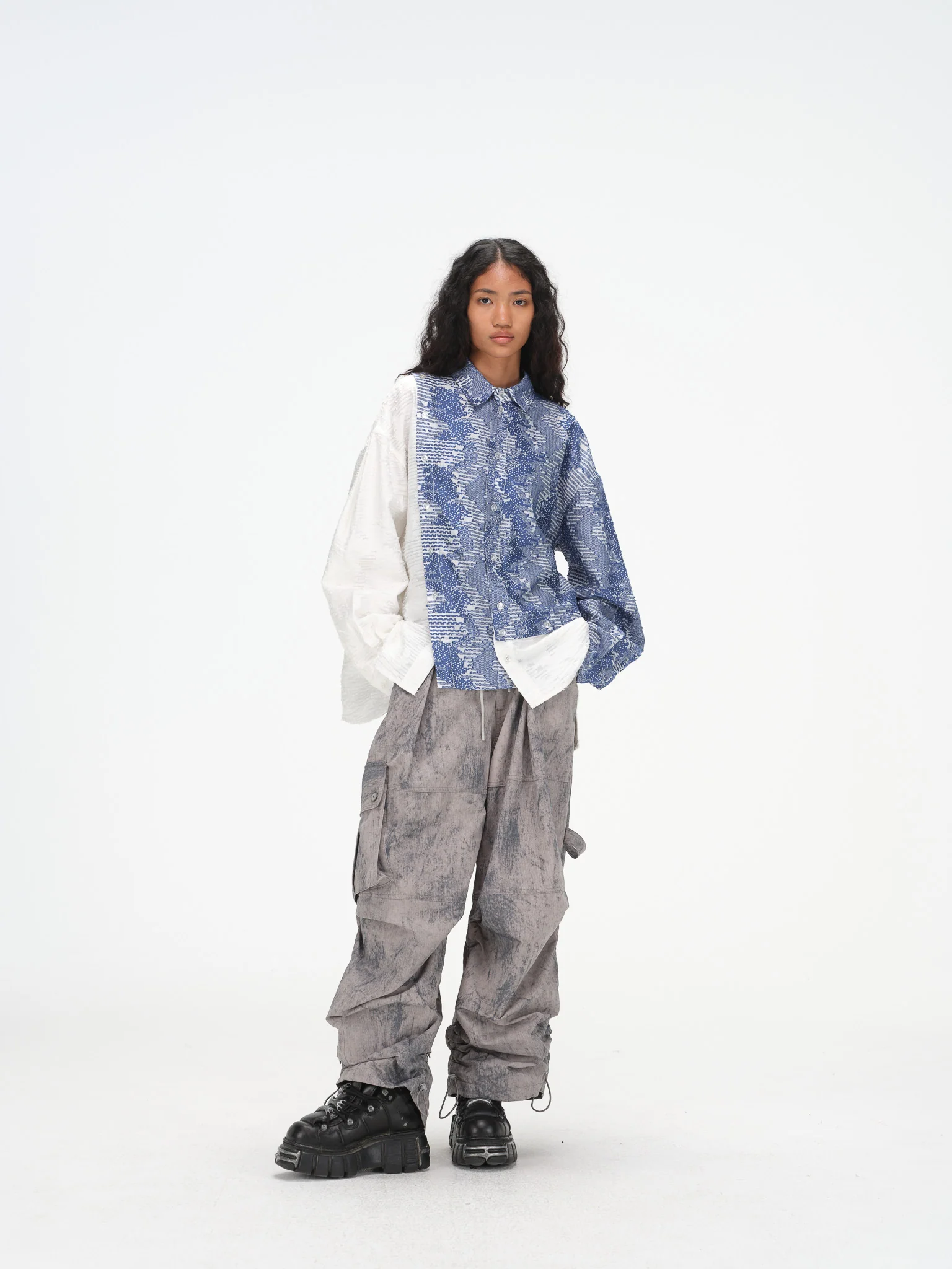 Asymmetrical Split Button Up - Indigo Jacquard/Ivory - Image 5