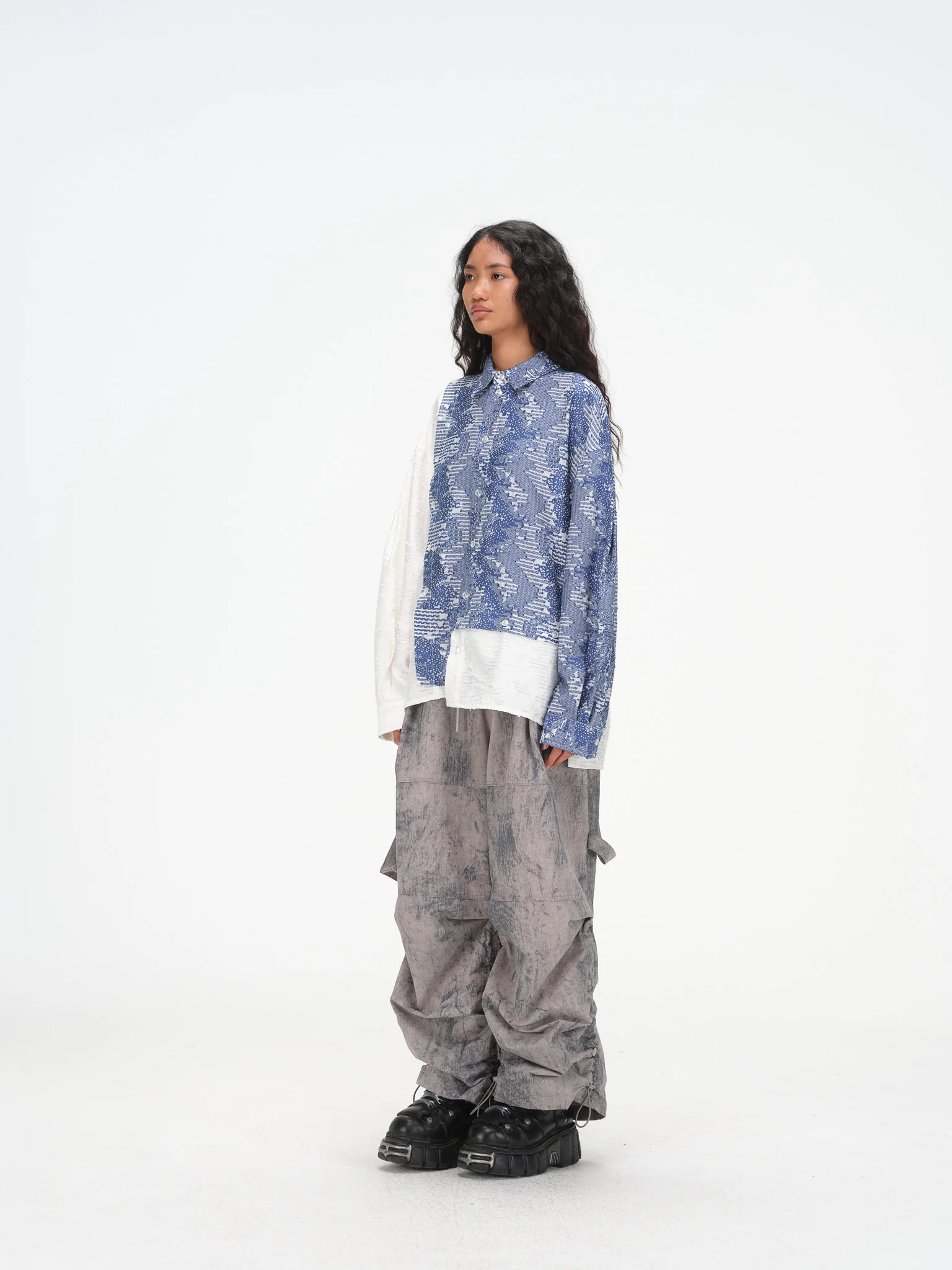 Asymmetrical Split Button Up - Indigo Jacquard/Ivory - Image 6