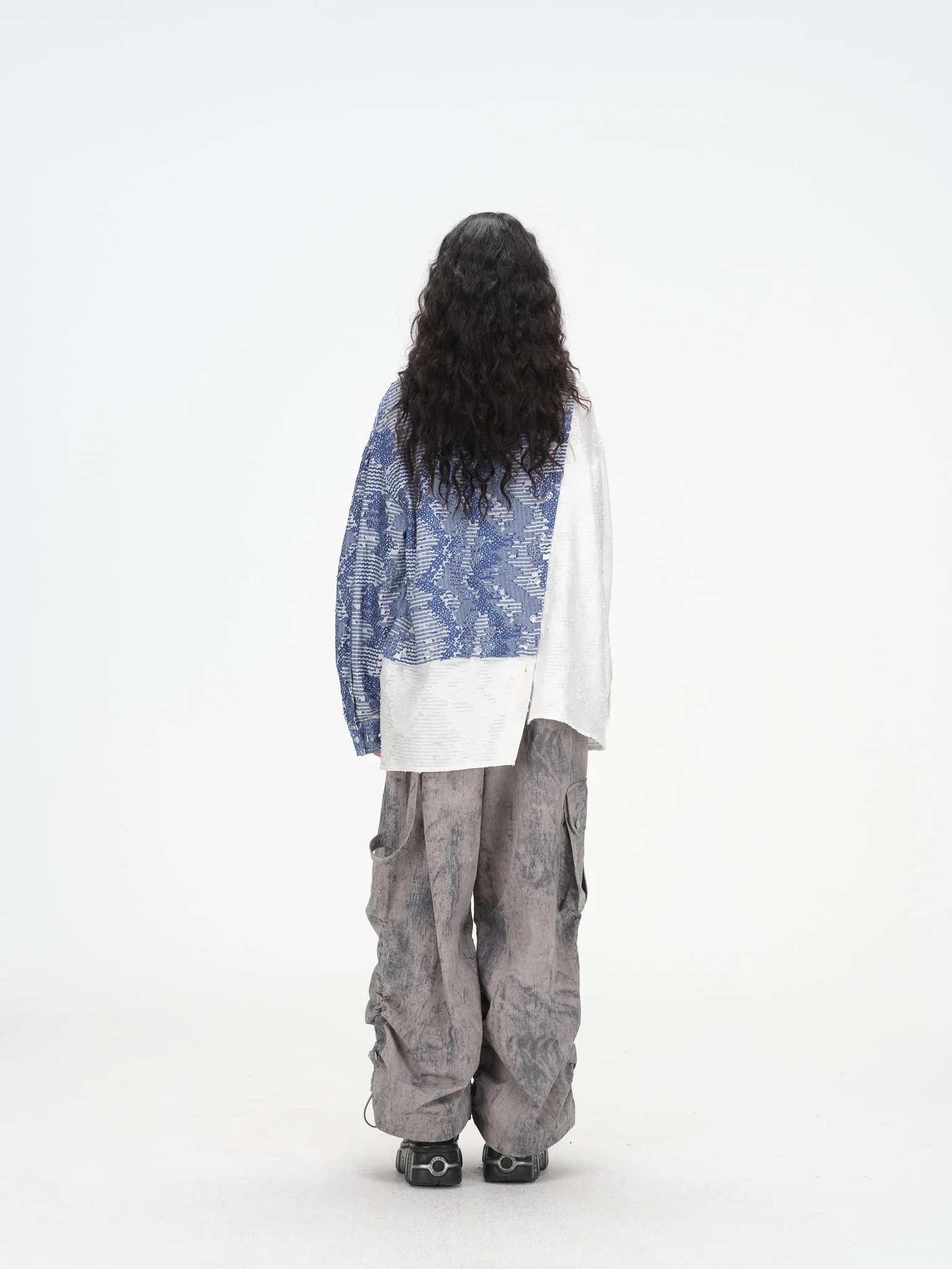 Asymmetrical Split Button Up - Indigo Jacquard/Ivory - Image 7
