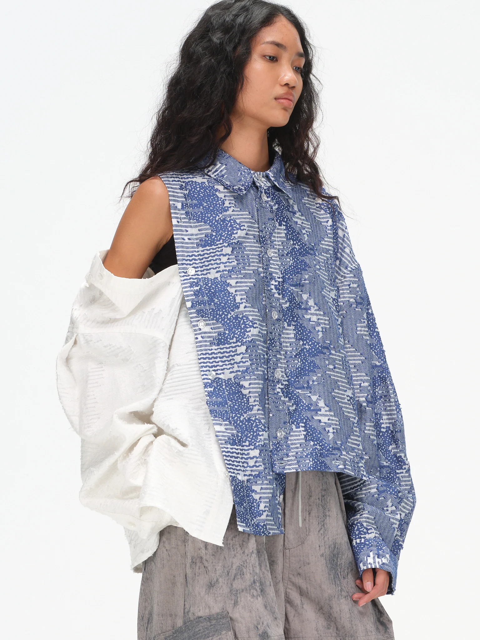 Asymmetrical Split Button Up - Indigo Jacquard/Ivory - Image 8