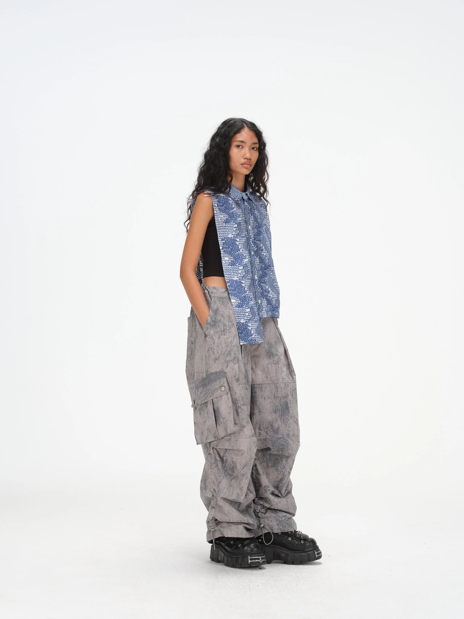 Asymmetrical Split Button Up - Indigo Jacquard/Ivory - Image 9