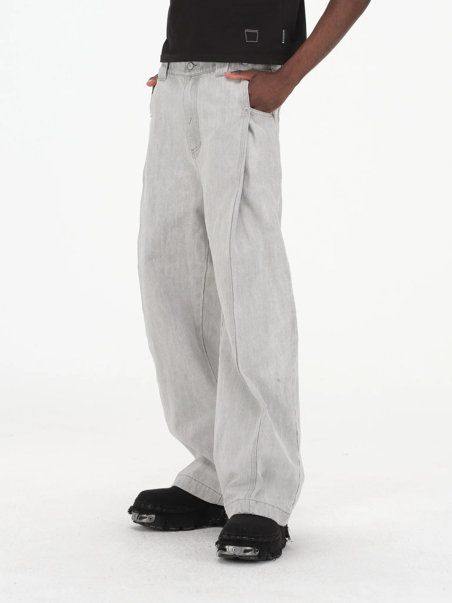 Contoured Wide Leg Denim Pants - Adjustable Button Waist, Washed Grey Denim - Image 11