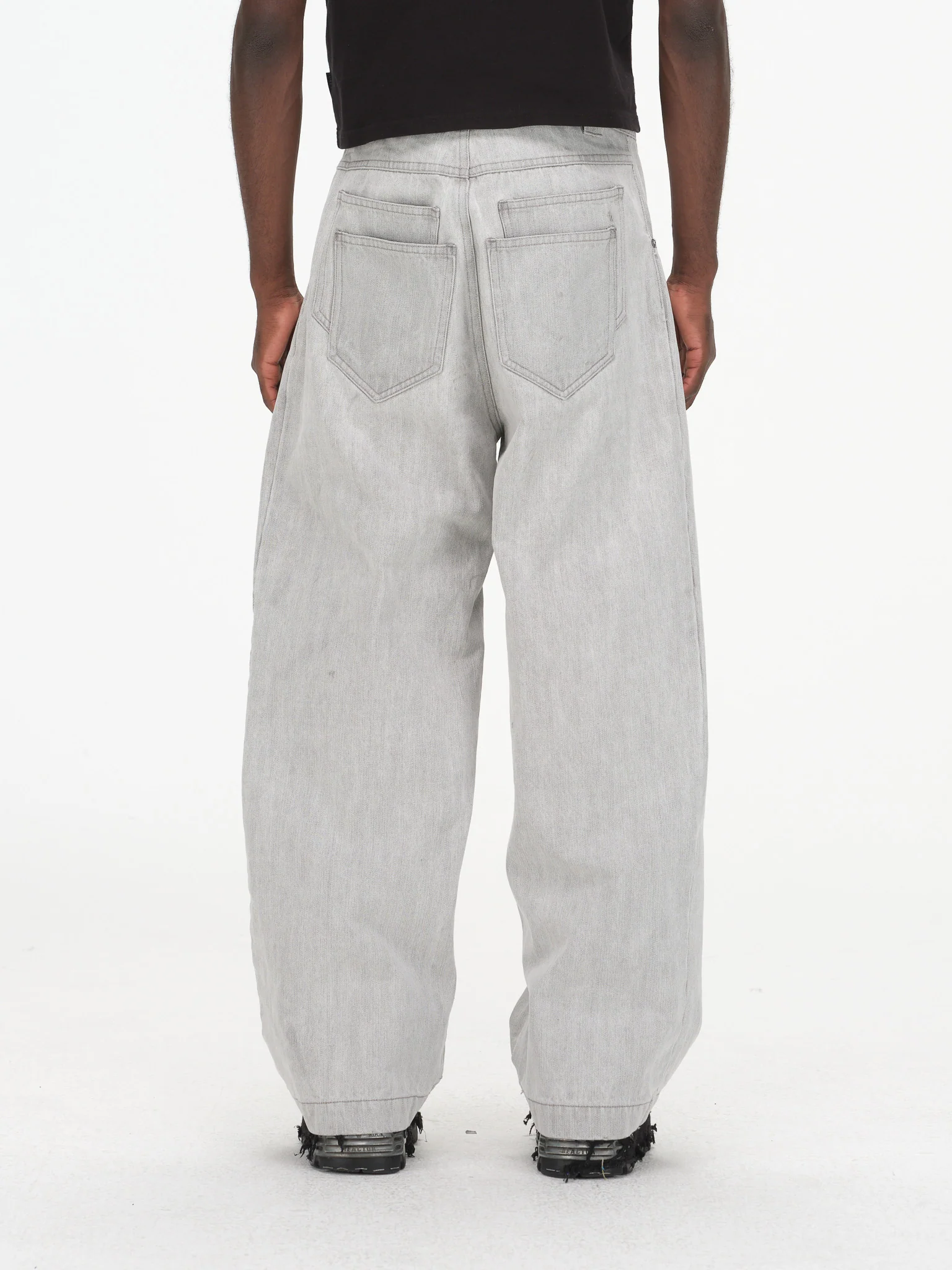 Contoured Wide Leg Denim Pants - Adjustable Button Waist, Washed Grey Denim - Image 12