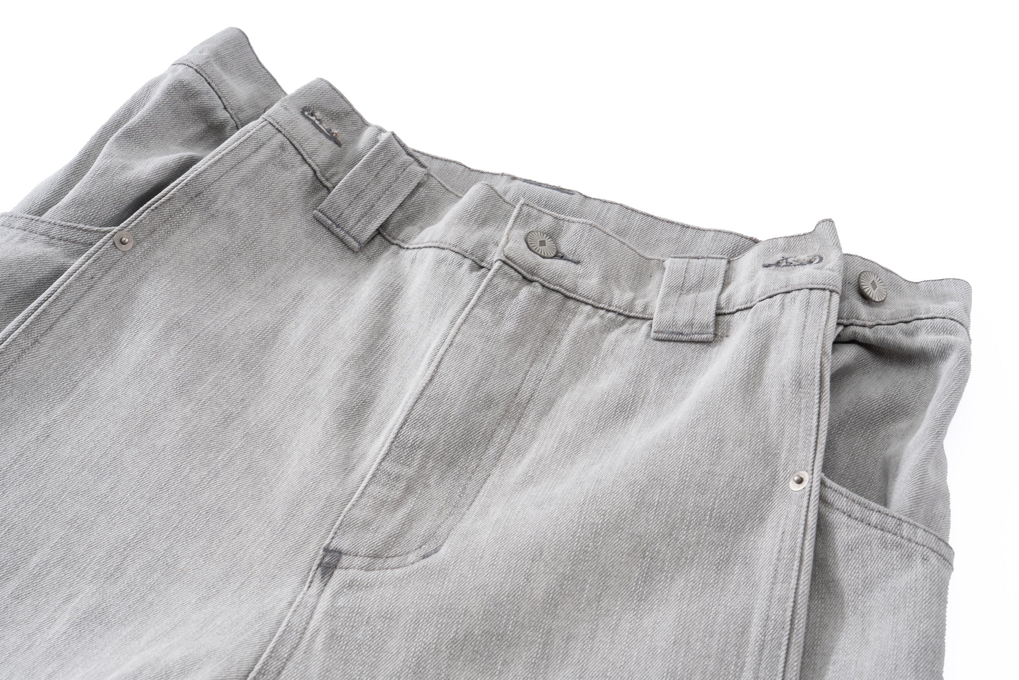 Contoured Wide Leg Denim Pants - Adjustable Button Waist, Washed Grey Denim - Image 14