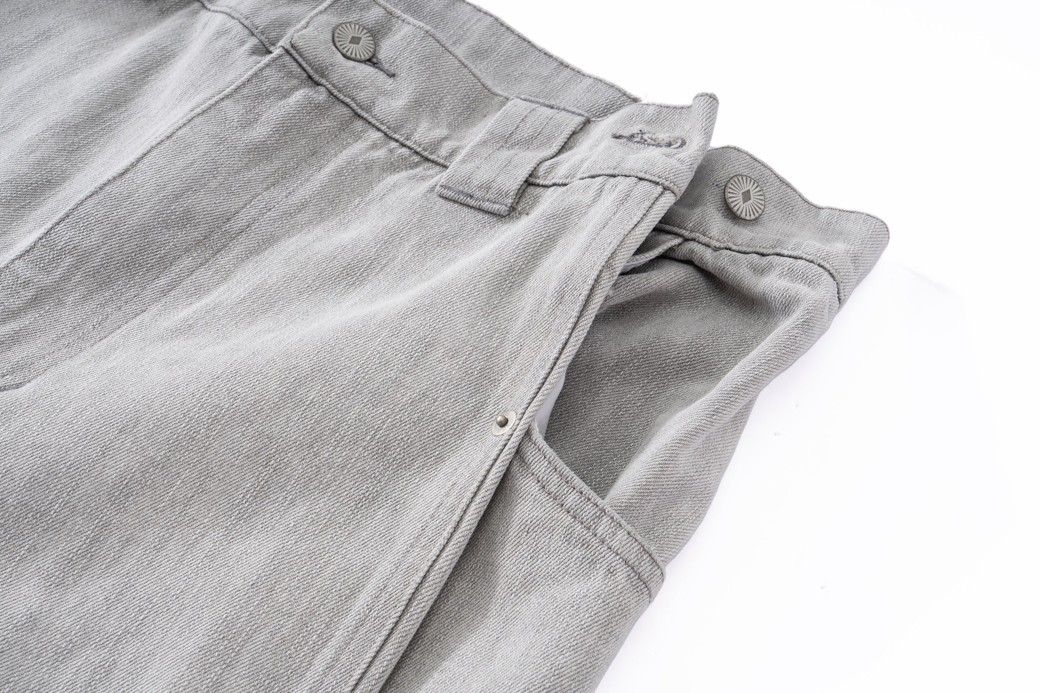 Contoured Wide Leg Denim Pants - Adjustable Button Waist, Washed Grey Denim - Image 15