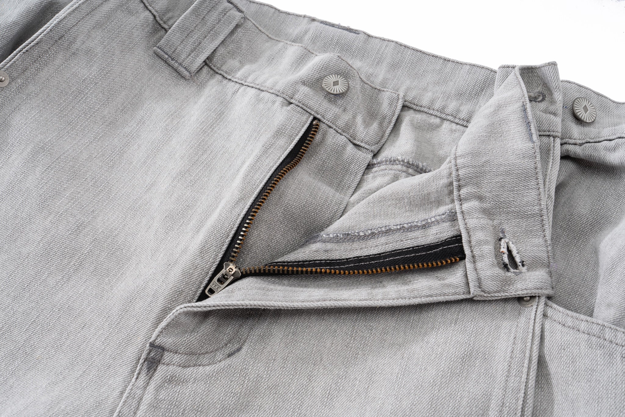 Contoured Wide Leg Denim Pants - Adjustable Button Waist, Washed Grey Denim - Image 16