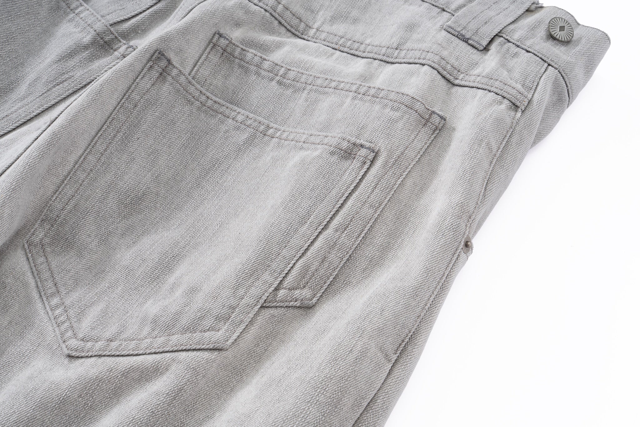 Contoured Wide Leg Denim Pants - Adjustable Button Waist, Washed Grey Denim - Image 17