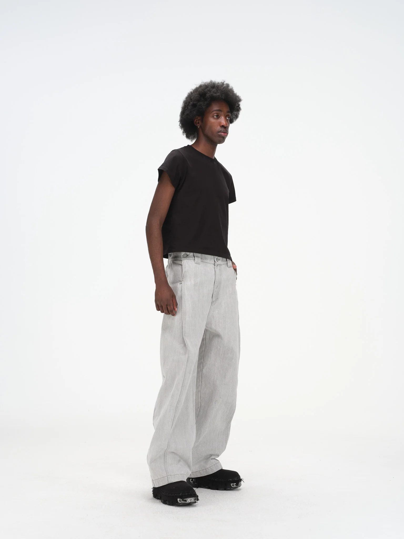 Contoured Wide Leg Denim Pants - Adjustable Button Waist, Washed Grey Denim - Image 3