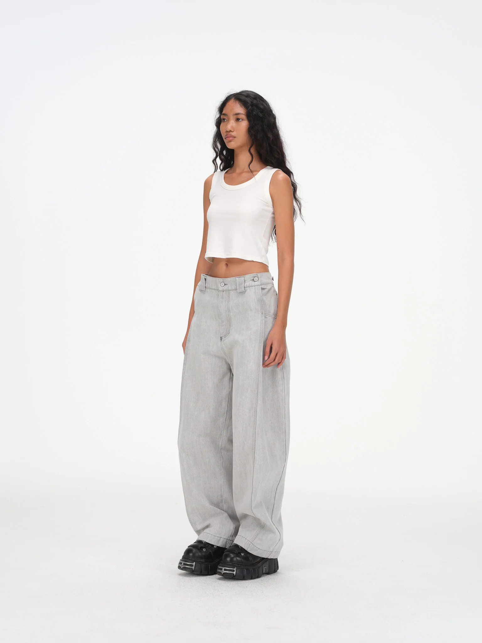 Contoured Wide Leg Denim Pants - Adjustable Button Waist, Washed Grey Denim - Image 4