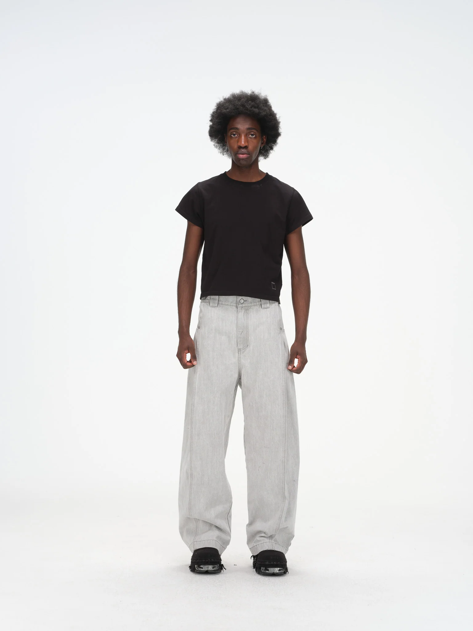 Contoured Wide Leg Denim Pants - Adjustable Button Waist, Washed Grey Denim - Image 5