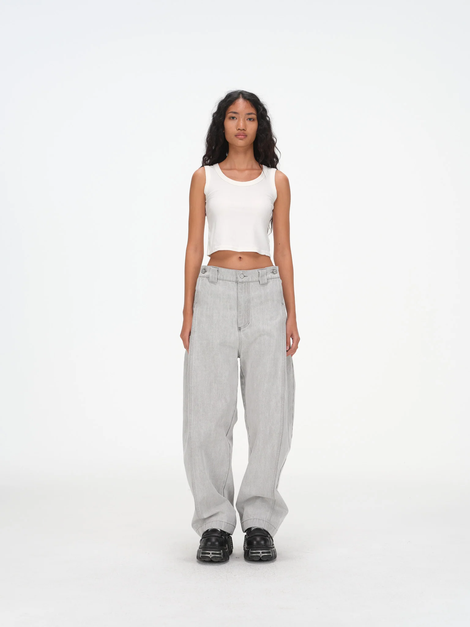 Contoured Wide Leg Denim Pants - Adjustable Button Waist, Washed Grey Denim - Image 6