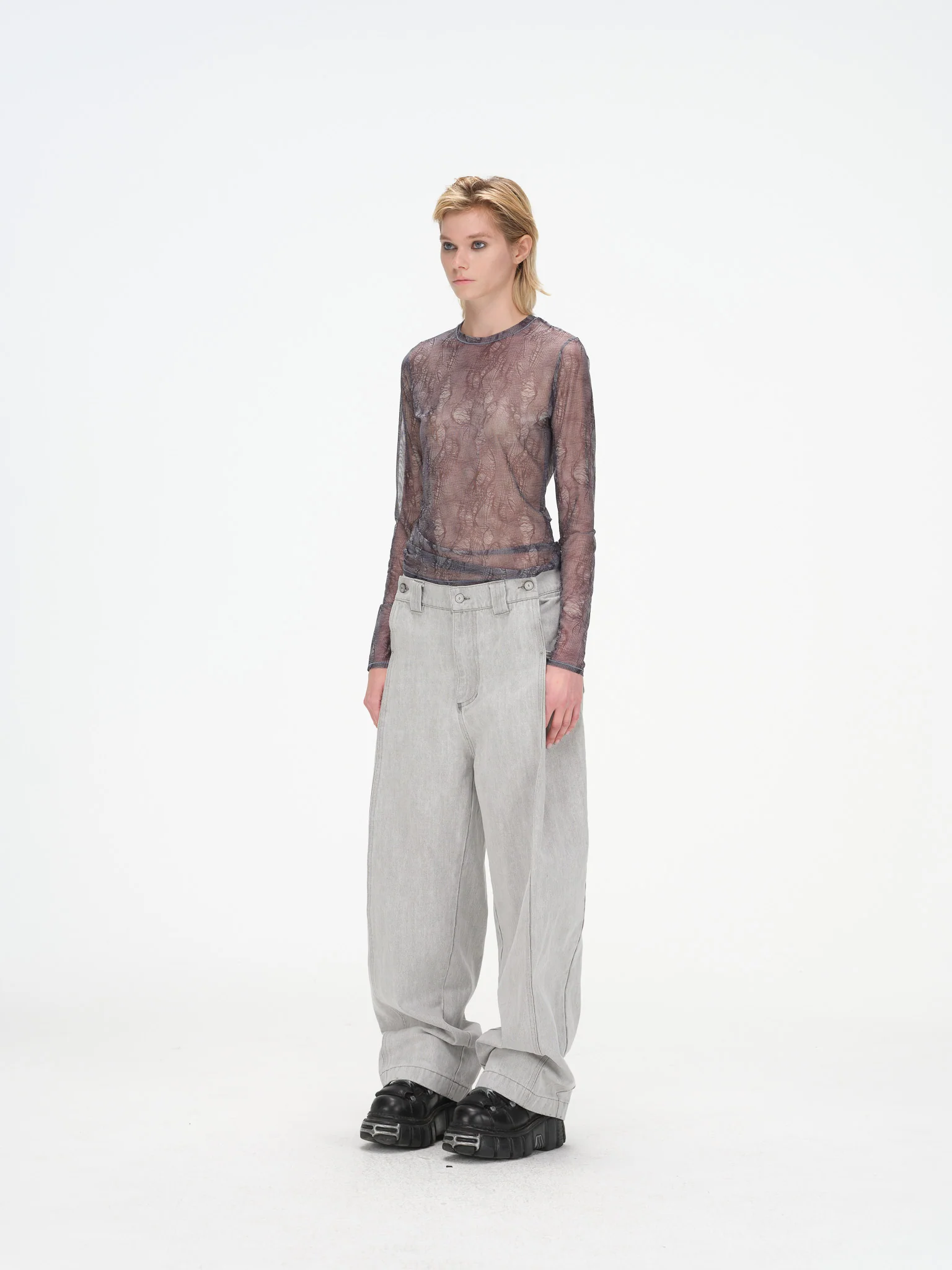 Contoured Wide Leg Denim Pants - Adjustable Button Waist, Washed Grey Denim - Image 7