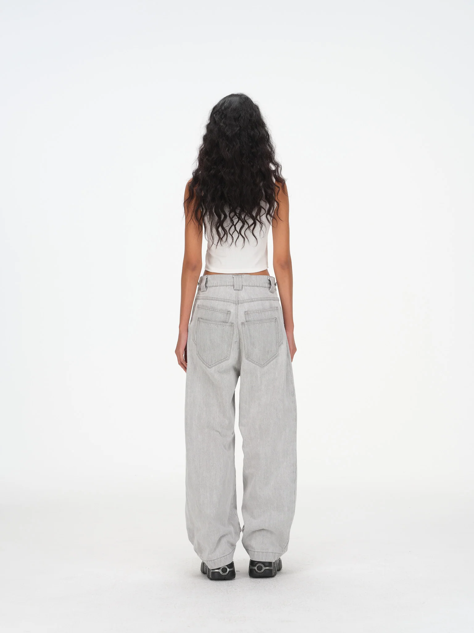 Contoured Wide Leg Denim Pants - Adjustable Button Waist, Washed Grey Denim - Image 8