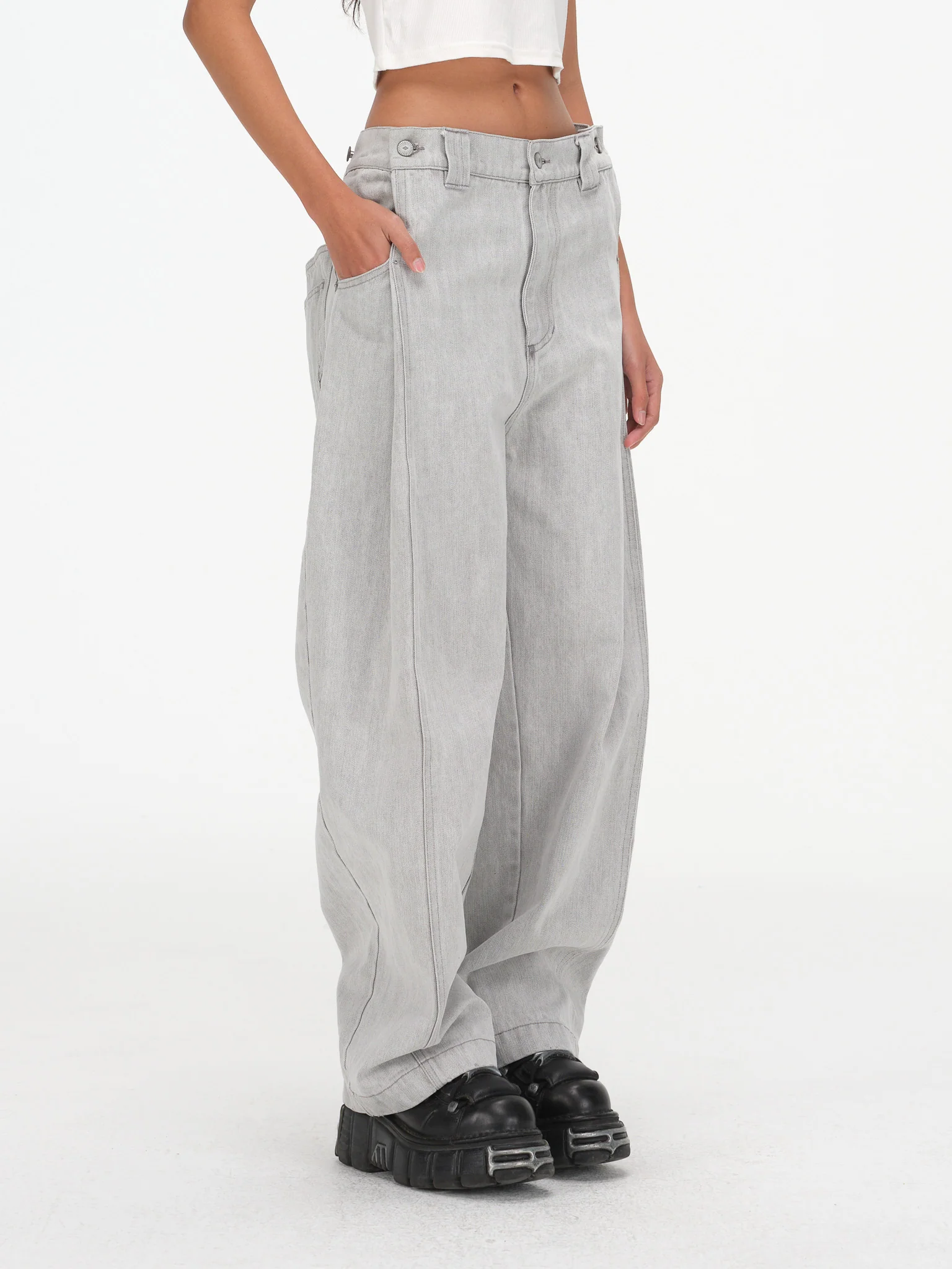 Contoured Wide Leg Denim Pants - Adjustable Button Waist, Washed Grey Denim - Image 9