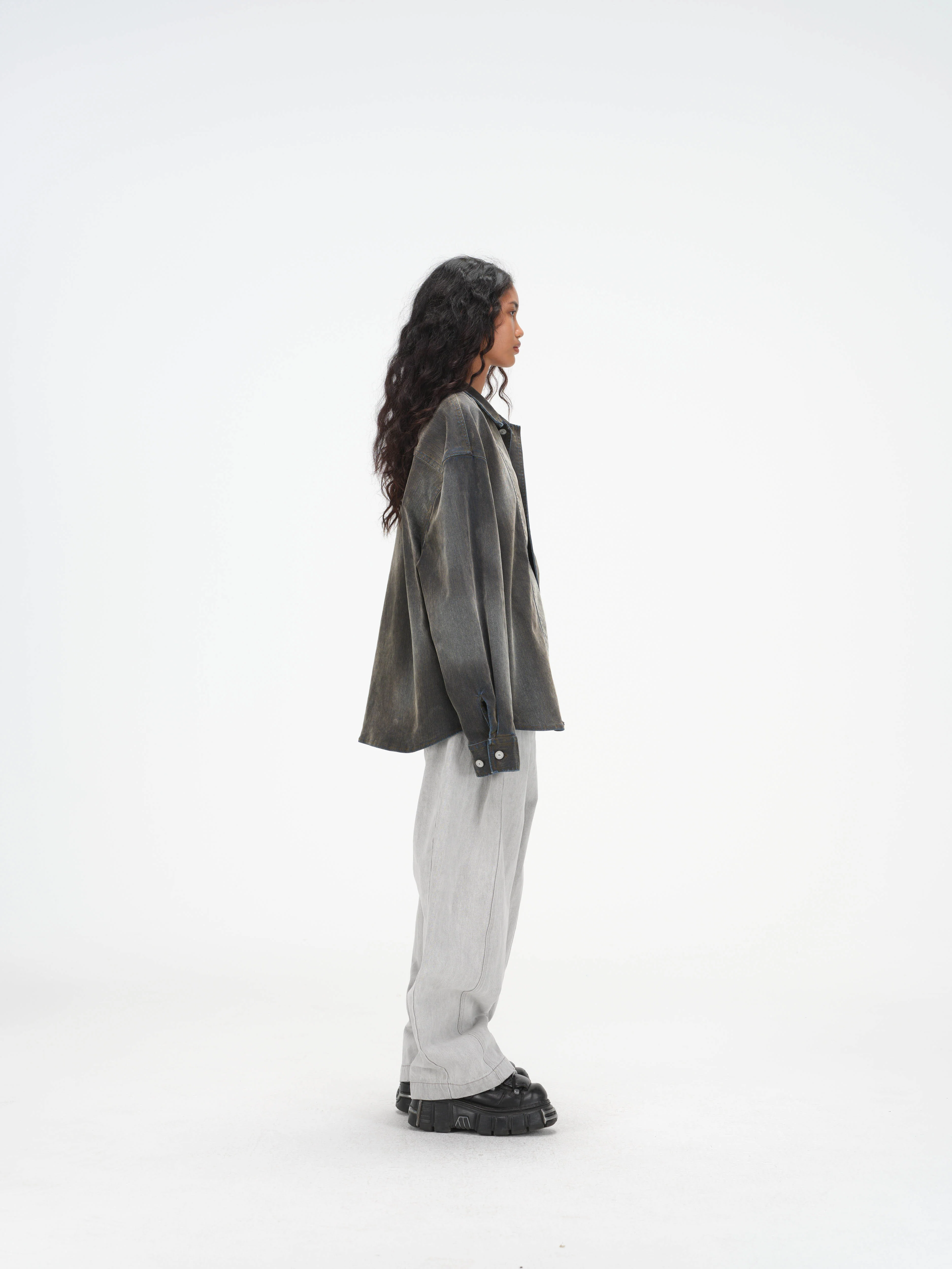 Iridescent Denim Long Sleeve Shirt Jacket – Charcoal Wash - Image 10