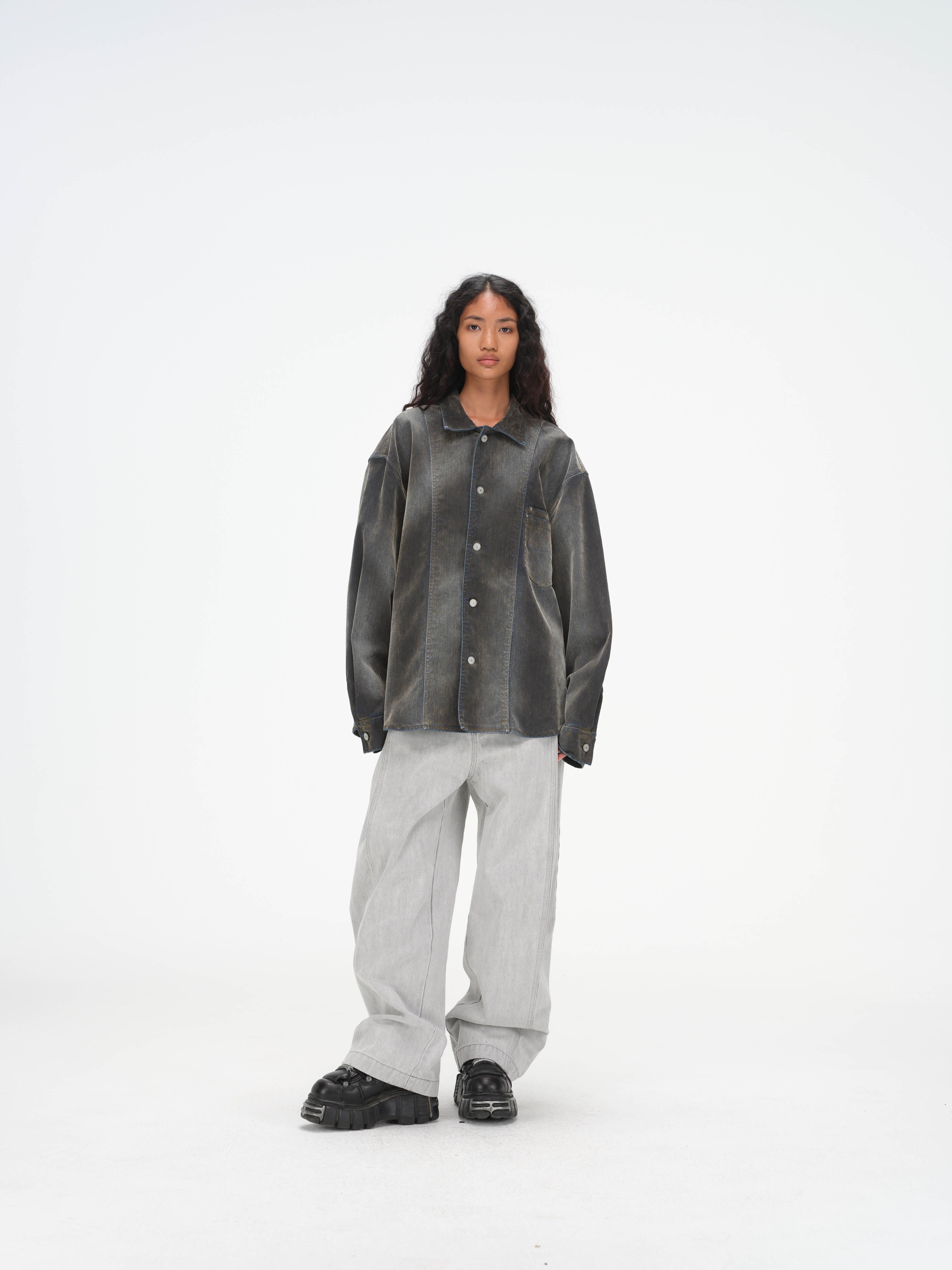 Iridescent Denim Long Sleeve Shirt Jacket – Charcoal Wash - Image 11