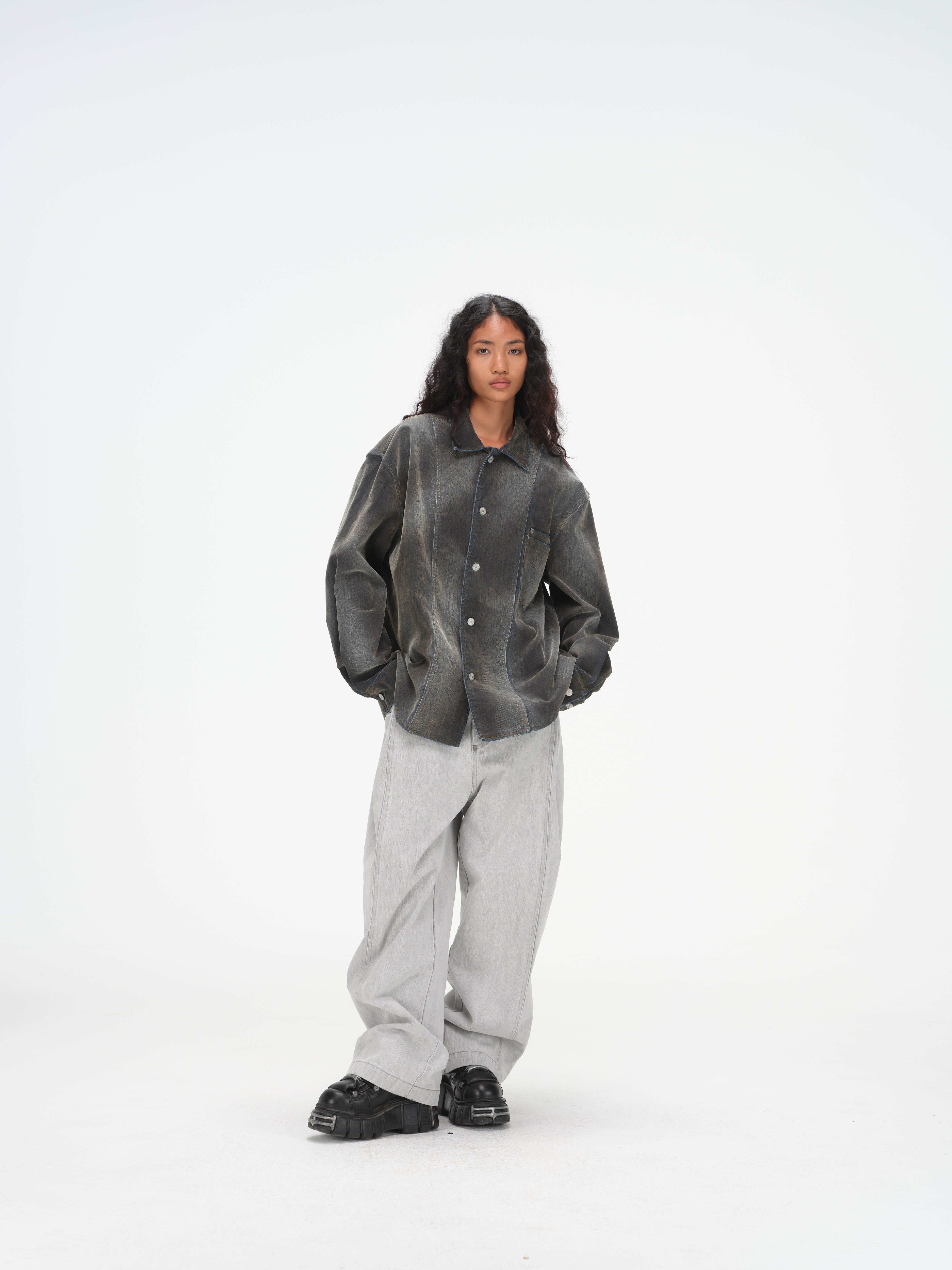 Iridescent Denim Long Sleeve Shirt Jacket – Charcoal Wash - Image 12