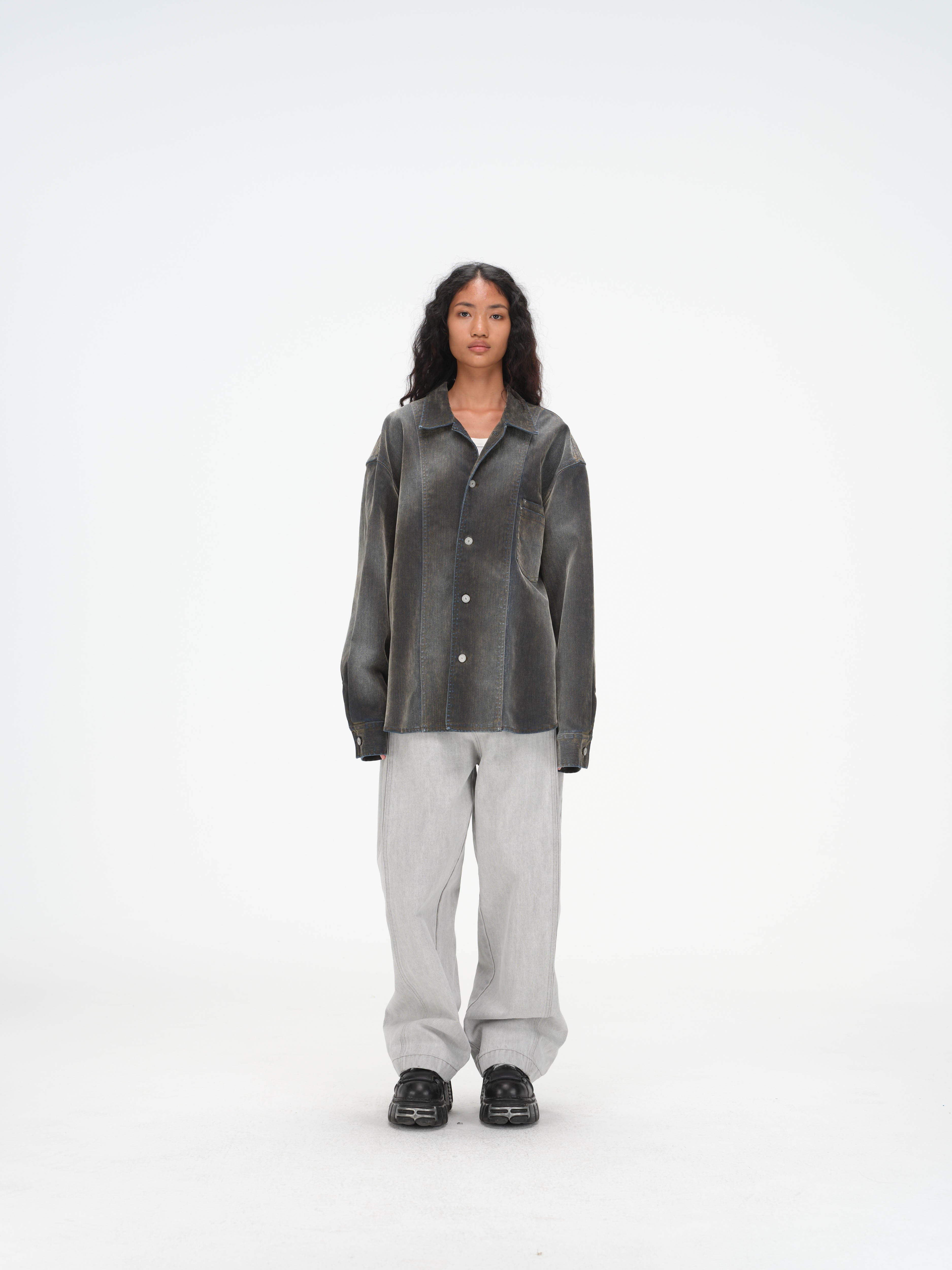 Iridescent Denim Long Sleeve Shirt Jacket – Charcoal Wash - Image 4