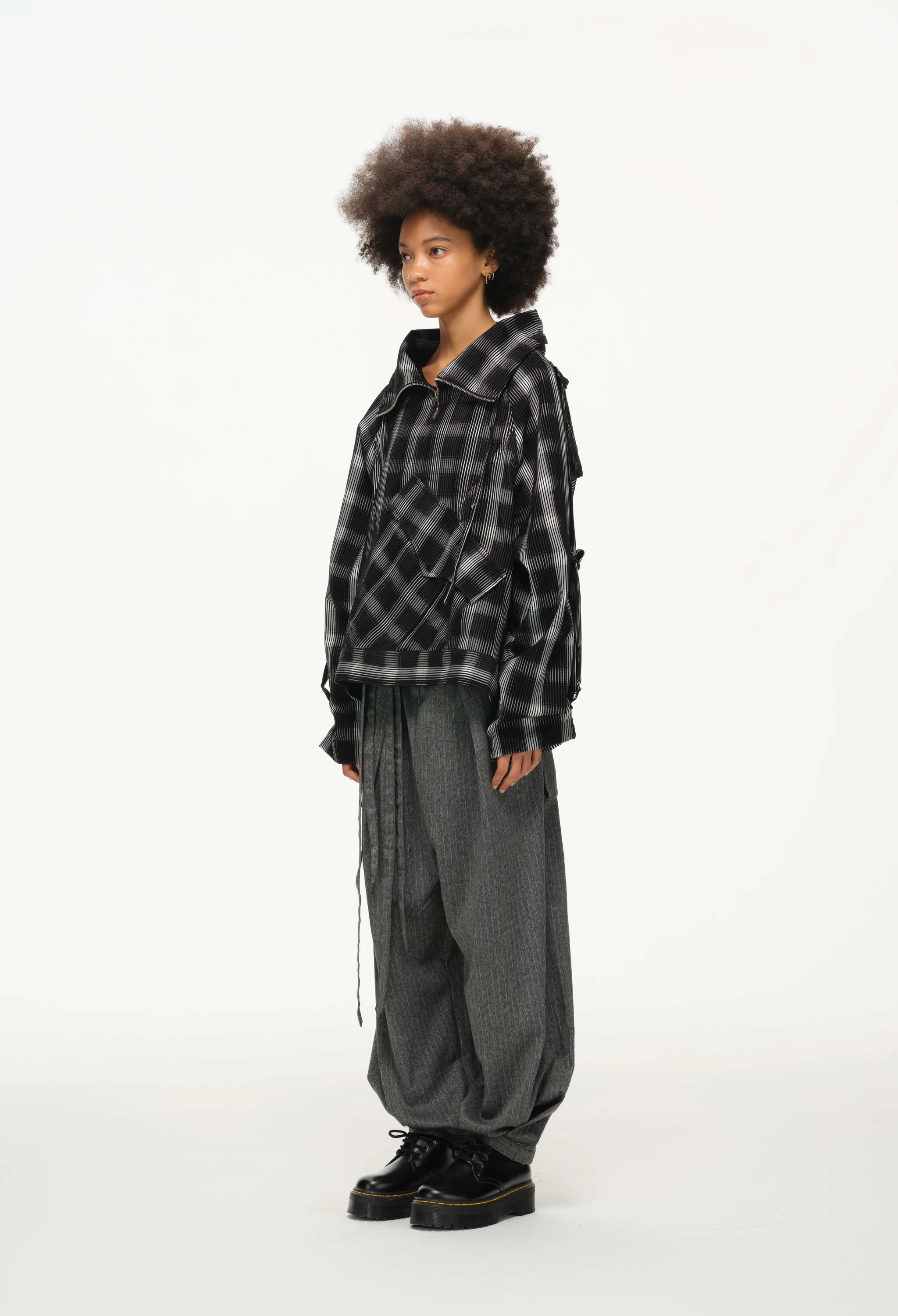 Distorted Plaid Half-Zip Pullover – Black & White, Boxy Fit - Image 10