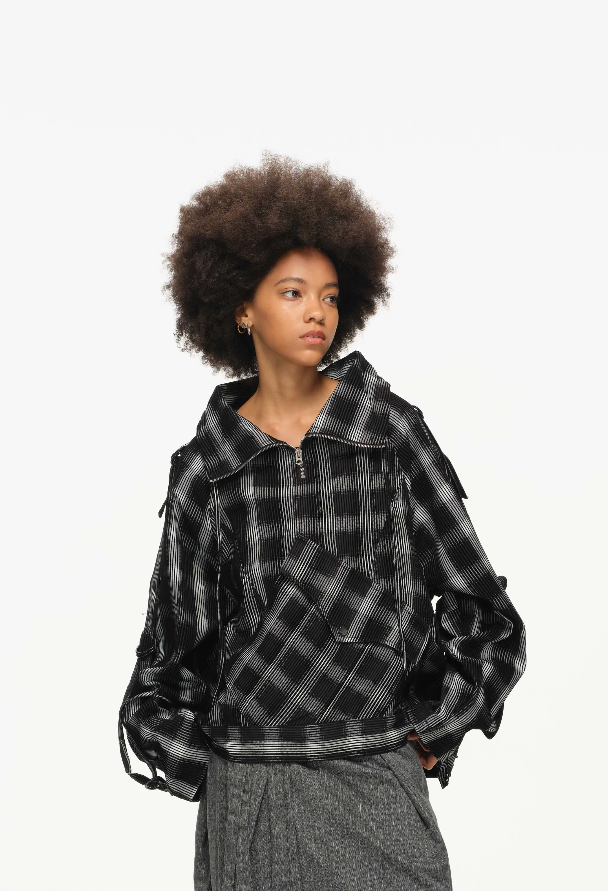 Distorted Plaid Half-Zip Pullover – Black & White, Boxy Fit - Image 11