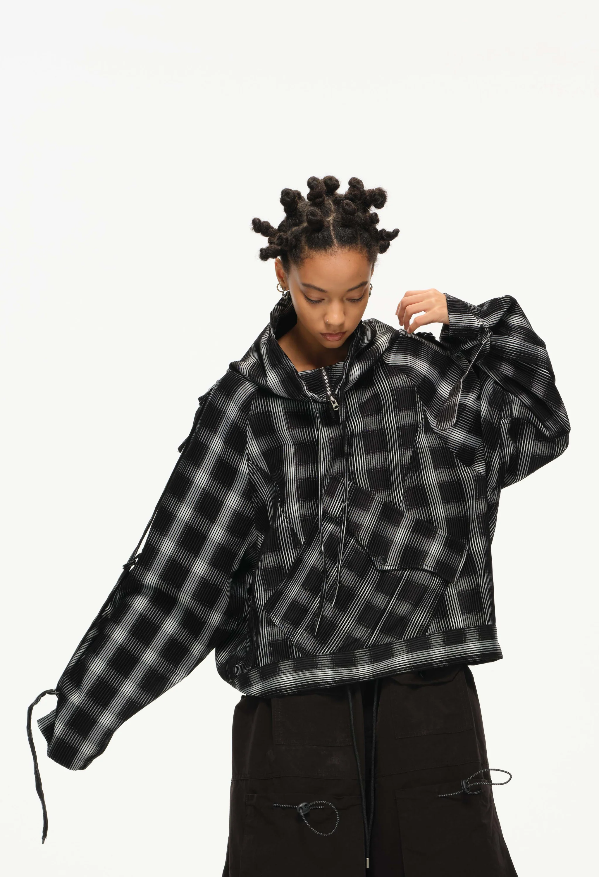 Distorted Plaid Half-Zip Pullover – Black & White, Boxy Fit - Image 12