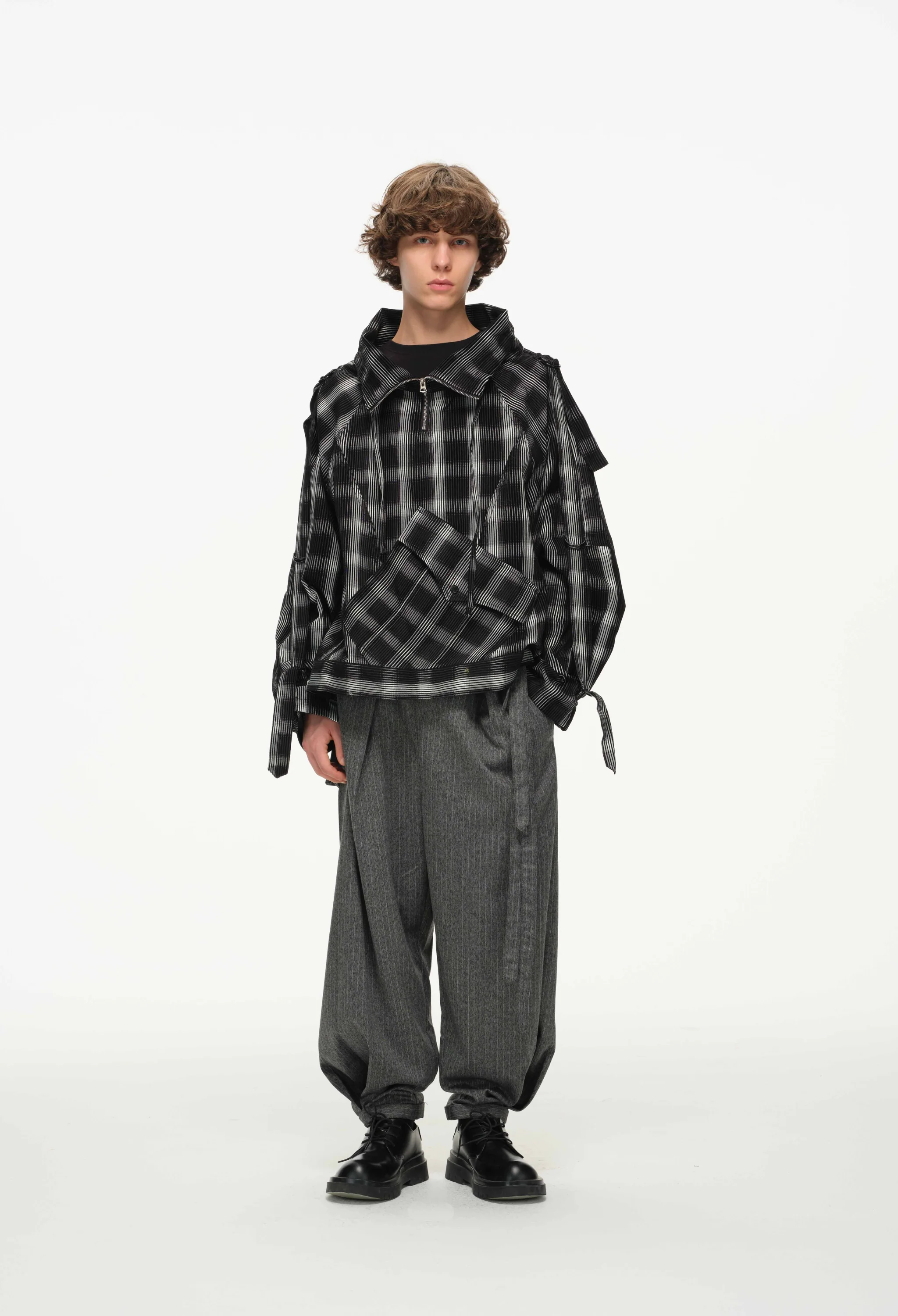 Distorted Plaid Half-Zip Pullover – Black & White, Boxy Fit - Image 4