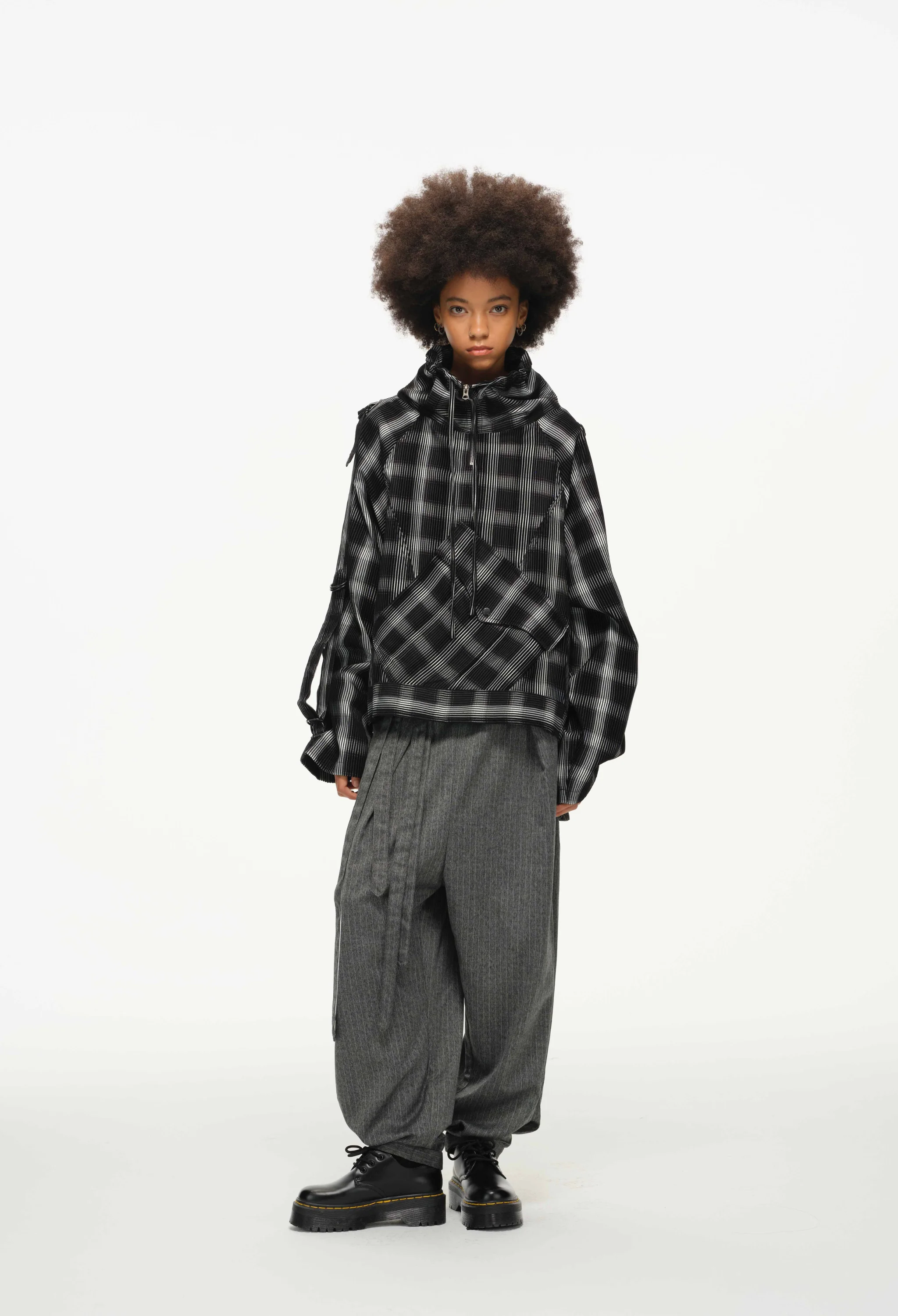 Distorted Plaid Half-Zip Pullover – Black & White, Boxy Fit - Image 6