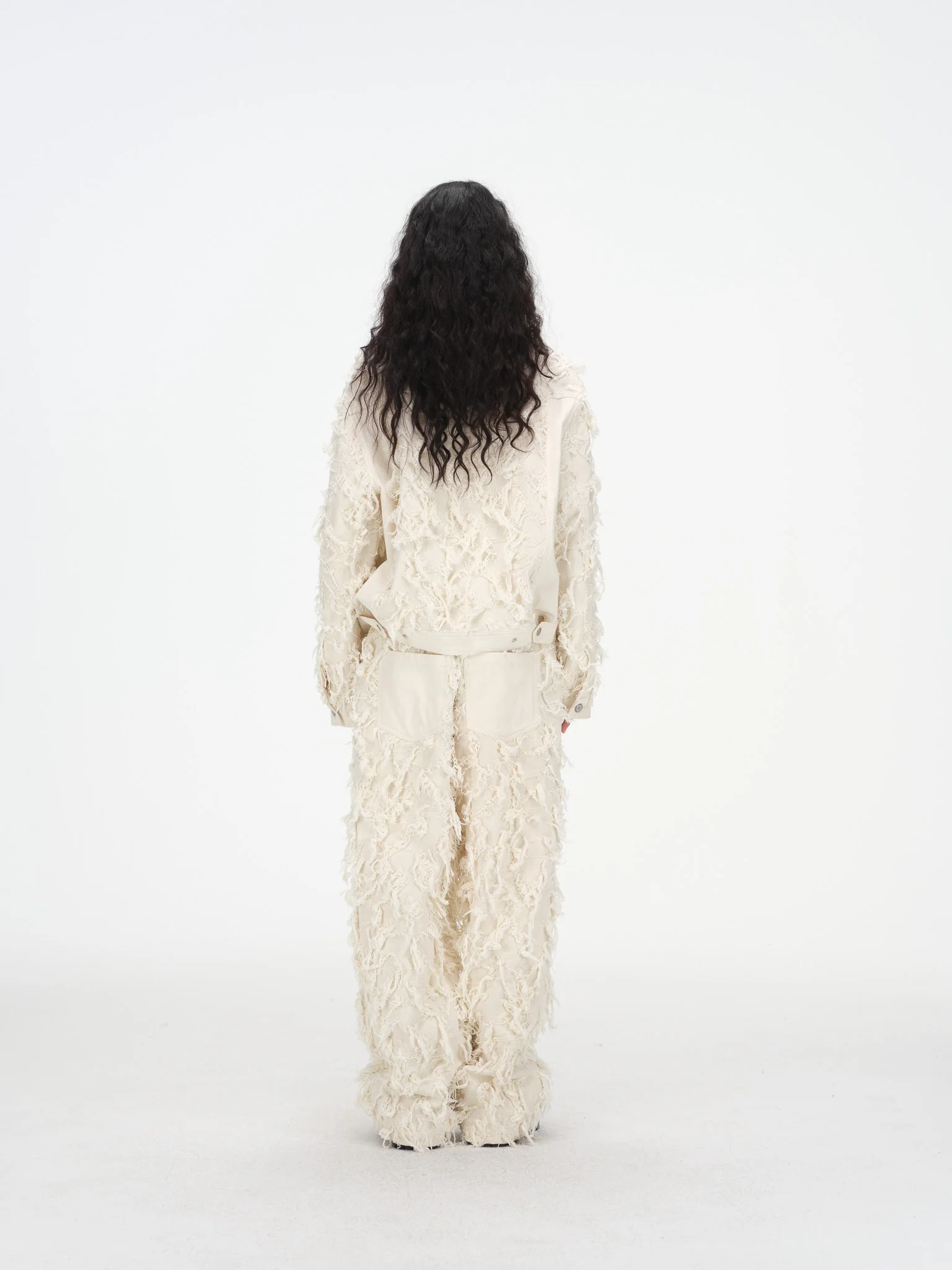 Distressed Fringe Denim Jacket - Cream - Image 10
