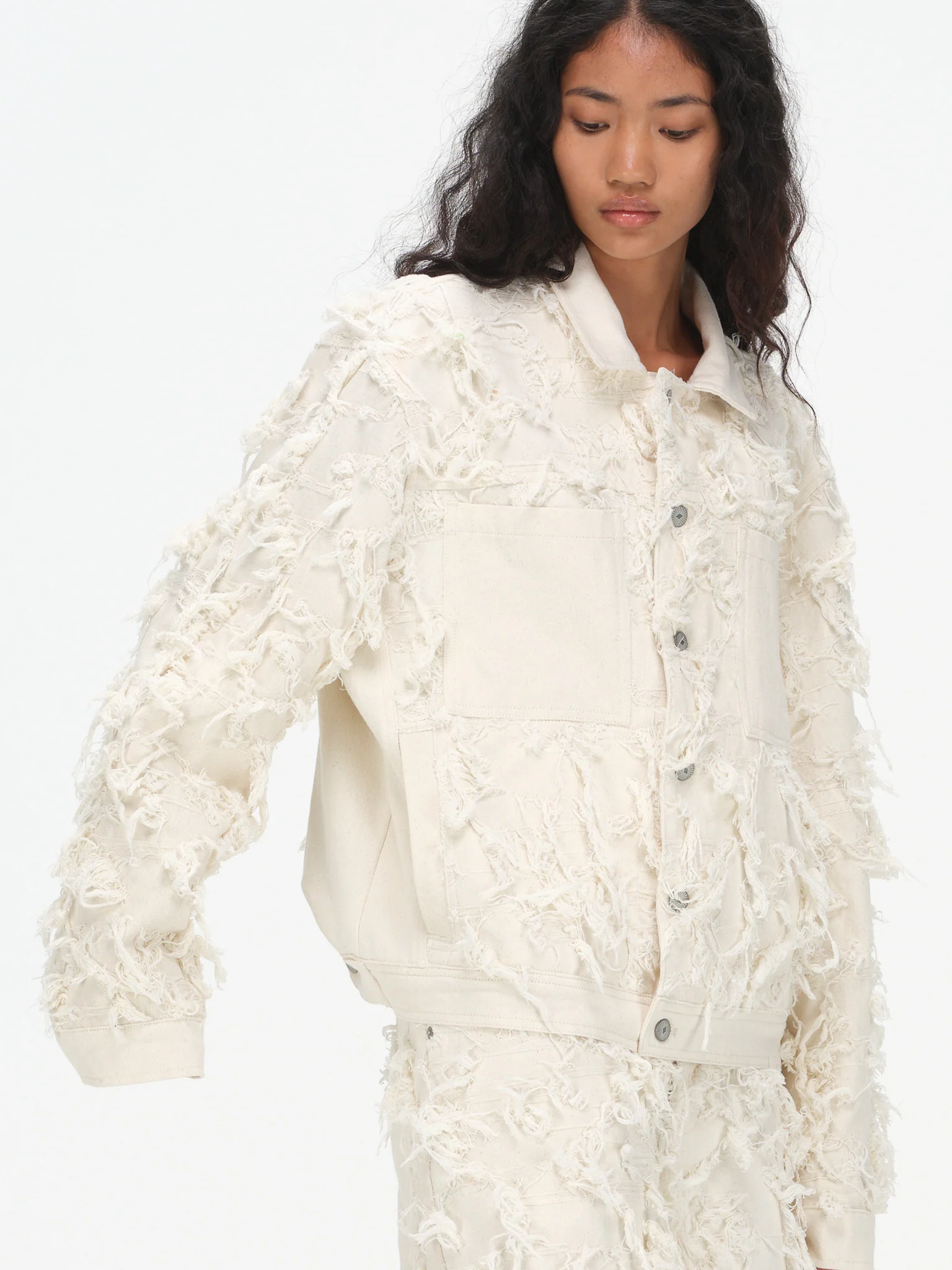 Distressed Fringe Denim Jacket - Cream - Image 11